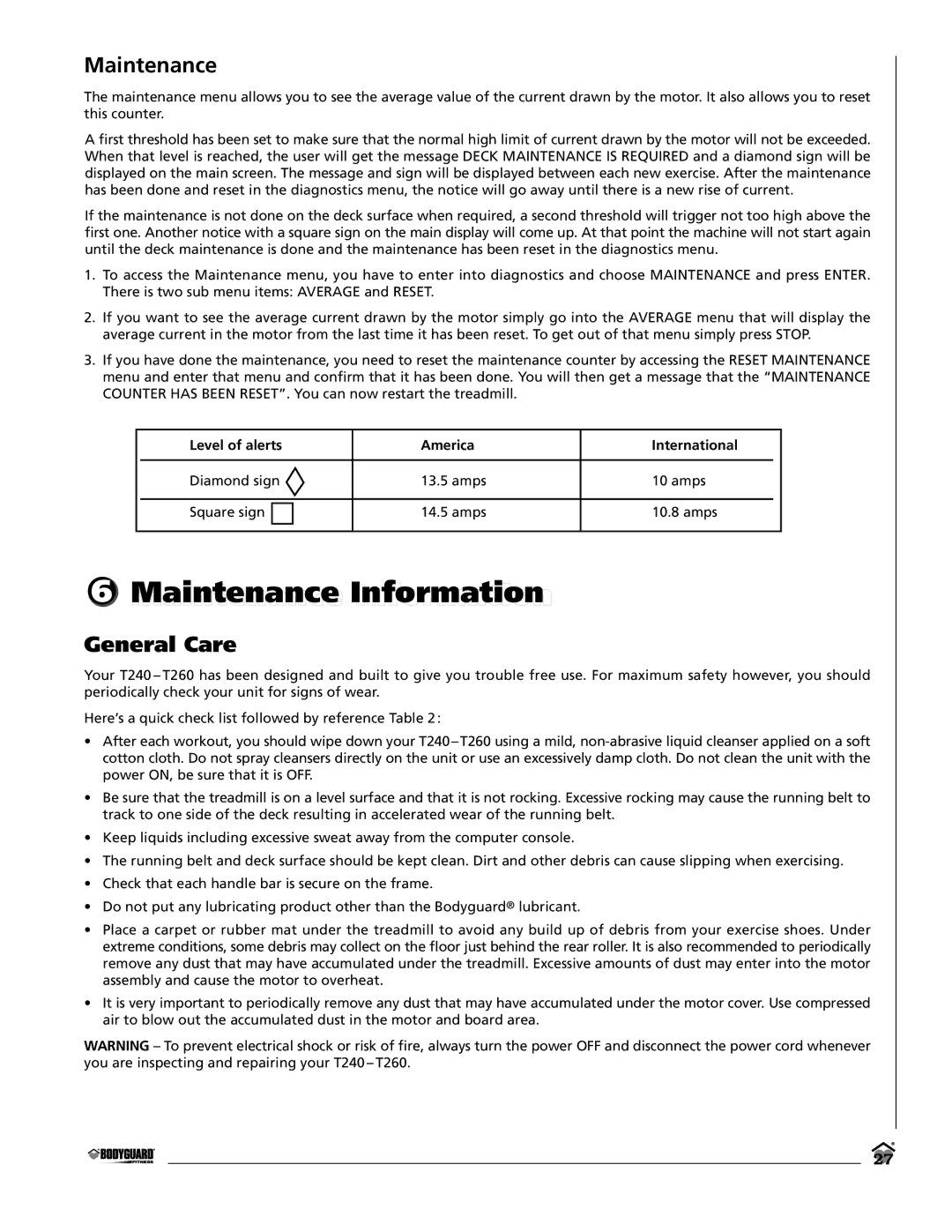 Keys Fitness T240, T260 owner manual Maintenance InformationInfor ation, General Care 