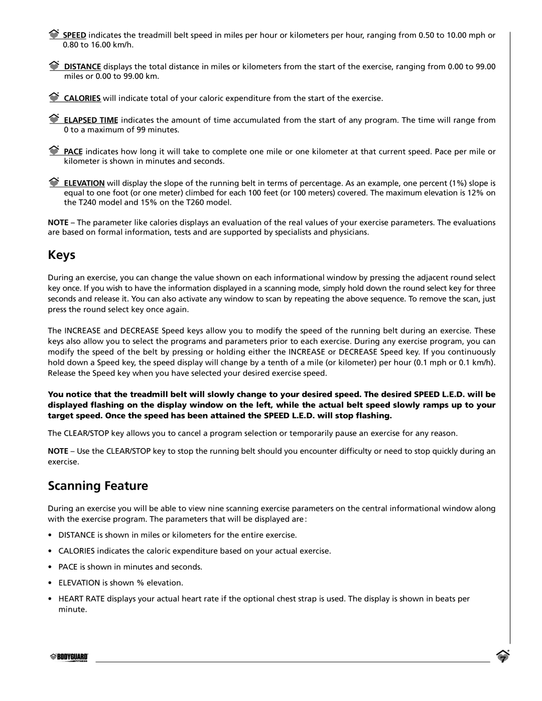 Keys Fitness T240, T260 owner manual Keys, Scanning Feature 