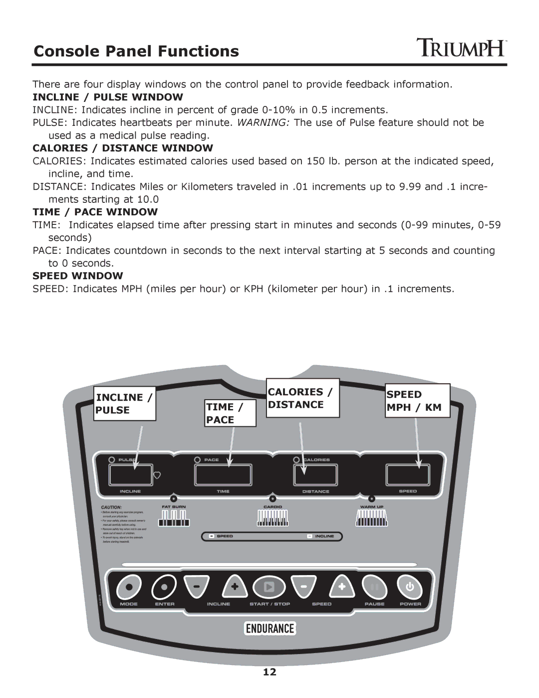 Keys Fitness Treadmill TRI-ENDURANCE Console Panel Functions, Incline / Pulse Window, Calories / Distance Window 