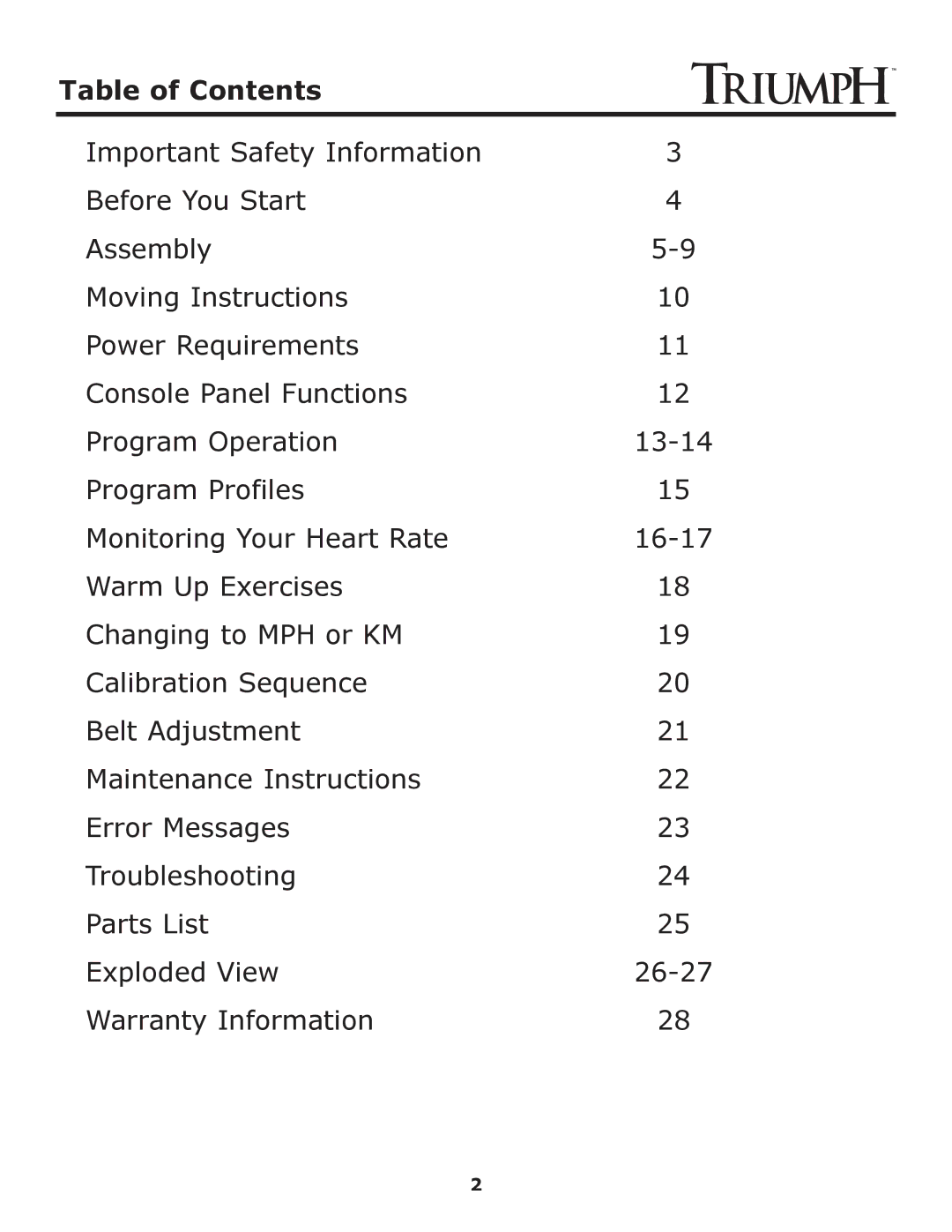 Keys Fitness Treadmill TRI-ENDURANCE owner manual Table of Contents 