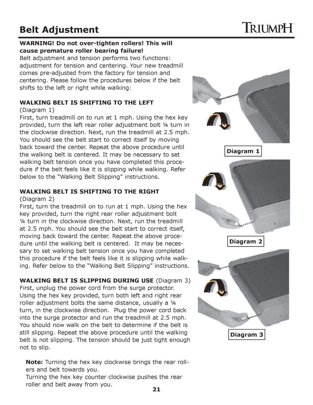 Keys Fitness Treadmill TRI-ENDURANCE owner manual Belt Adjustment, Walking Belt is Shifting to the Left Diagram 