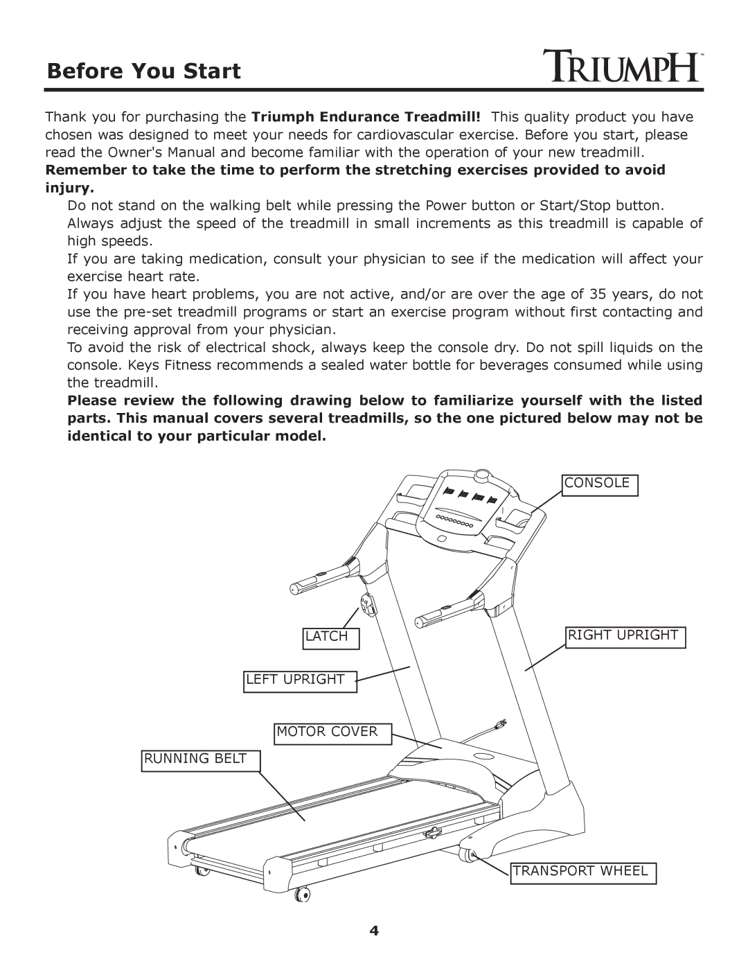 Keys Fitness Treadmill TRI-ENDURANCE owner manual Before You Start 