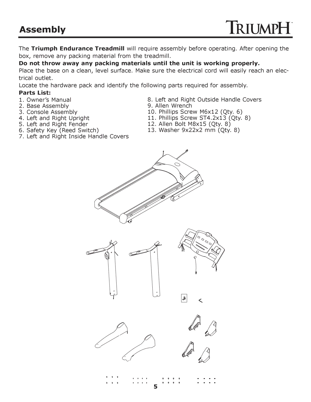 Keys Fitness Treadmill TRI-ENDURANCE owner manual Assembly, Parts List 