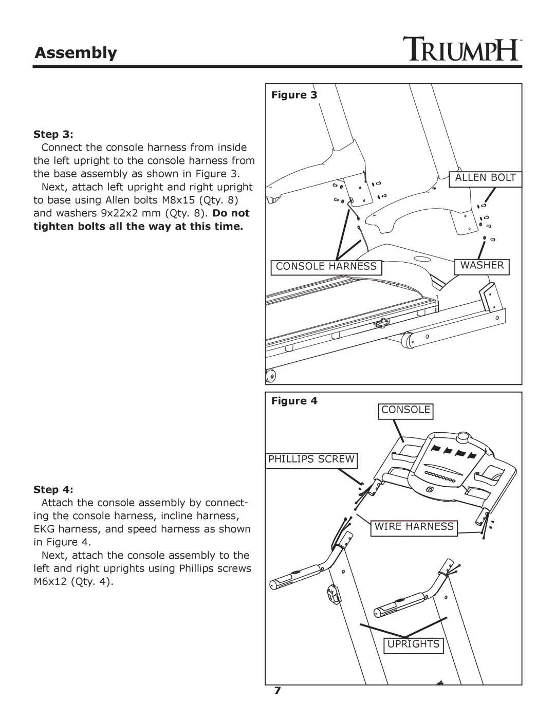 Keys Fitness Treadmill TRI-ENDURANCE owner manual Console Harness Allen Bolt Washer 