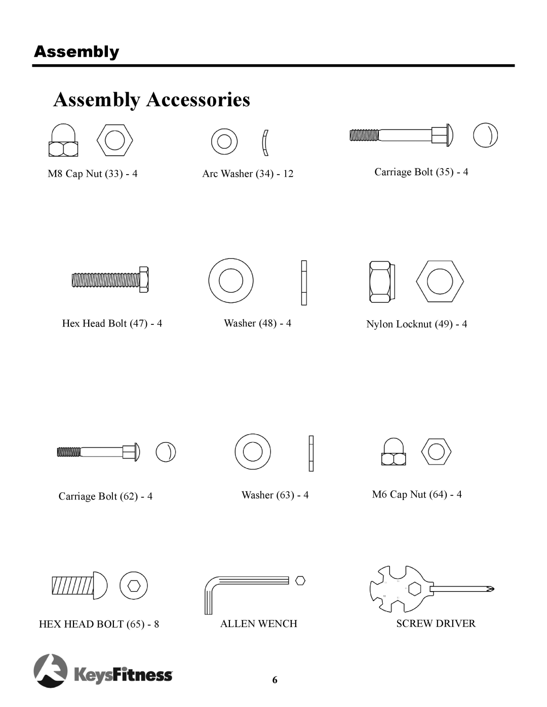 Keys Fitness TRI-5-3E owner manual Assembly Accessories 