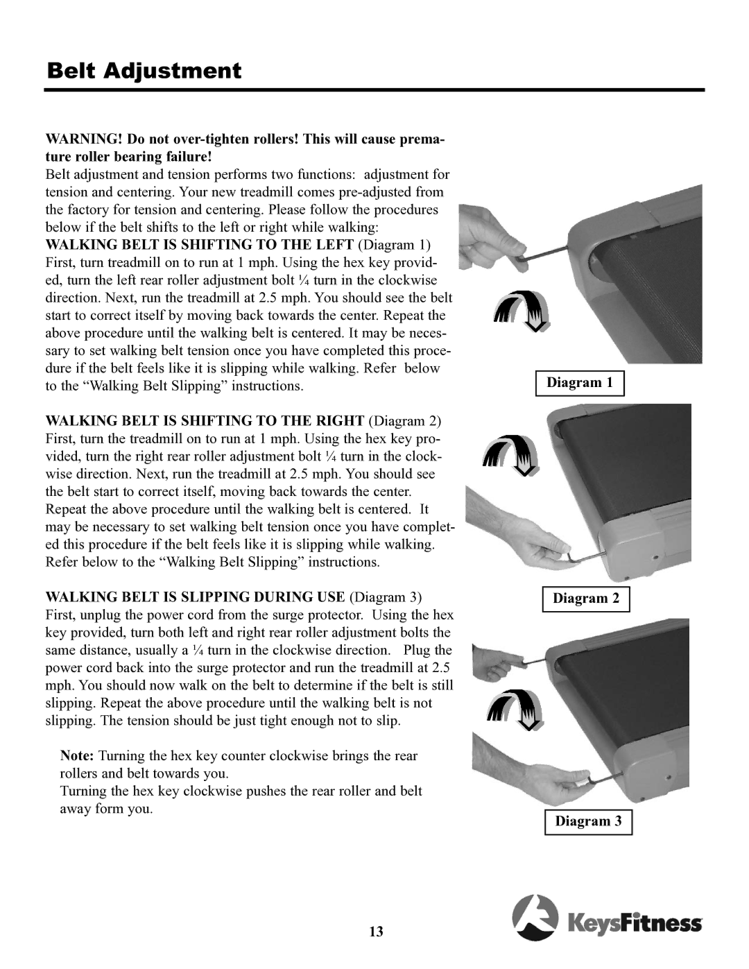 Keys Fitness TRI-8.3t owner manual Belt Adjustment 