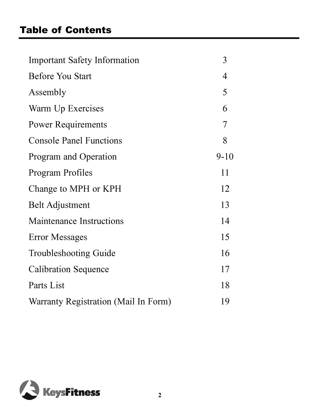 Keys Fitness TRI-8.3t owner manual Table of Contents 