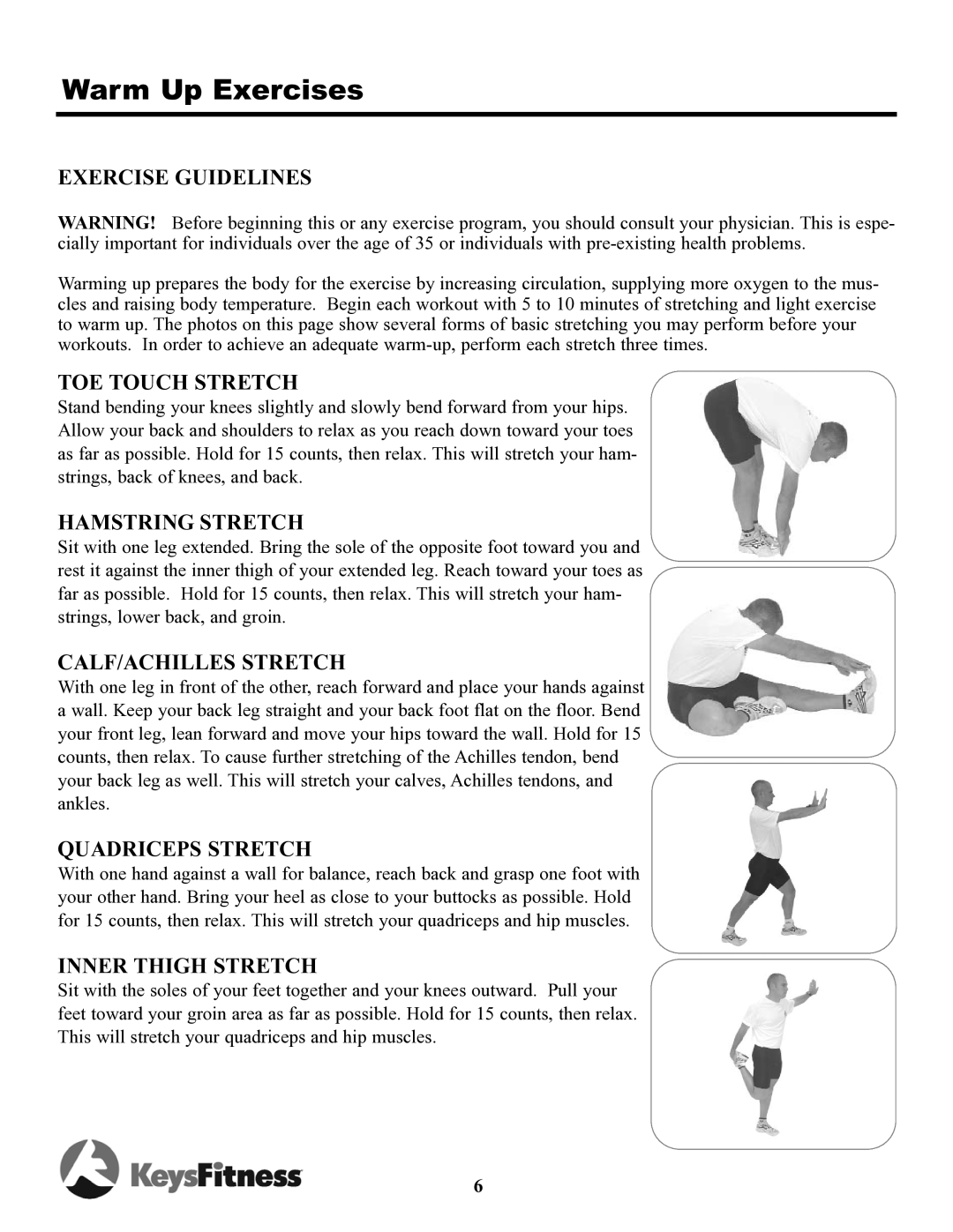 Keys Fitness TRI-8.3t owner manual Warm Up Exercises, Exercise Guidelines 