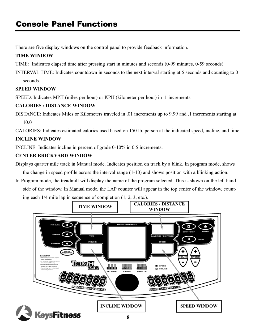 Keys Fitness TRI-8.3t owner manual Console Panel Functions 