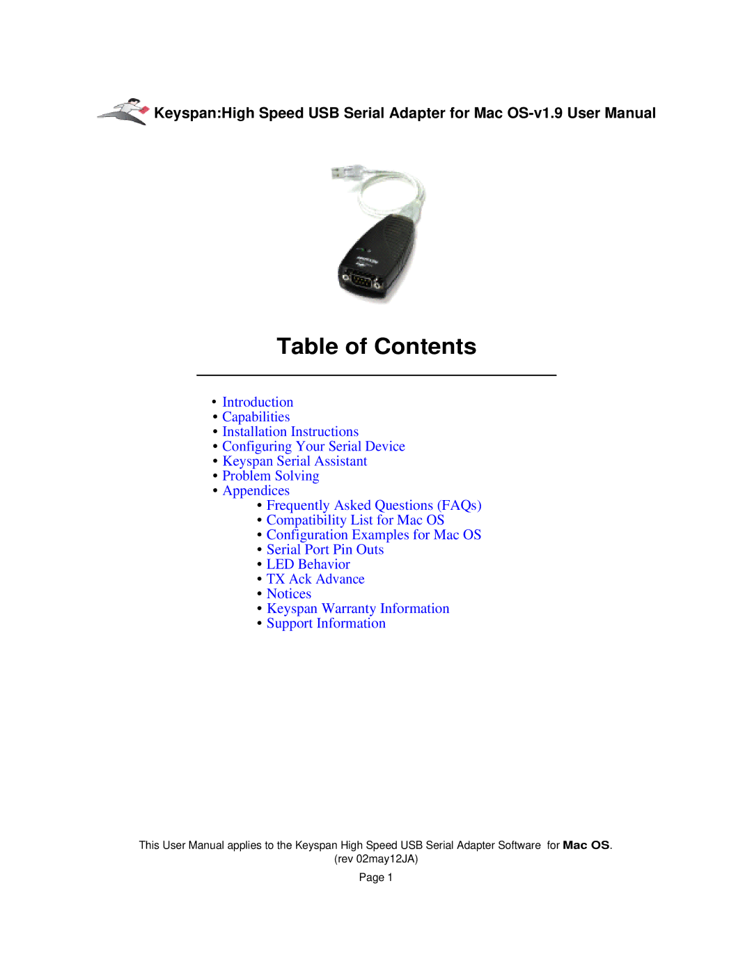 Keyspan 1.9 installation instructions Table of Contents 