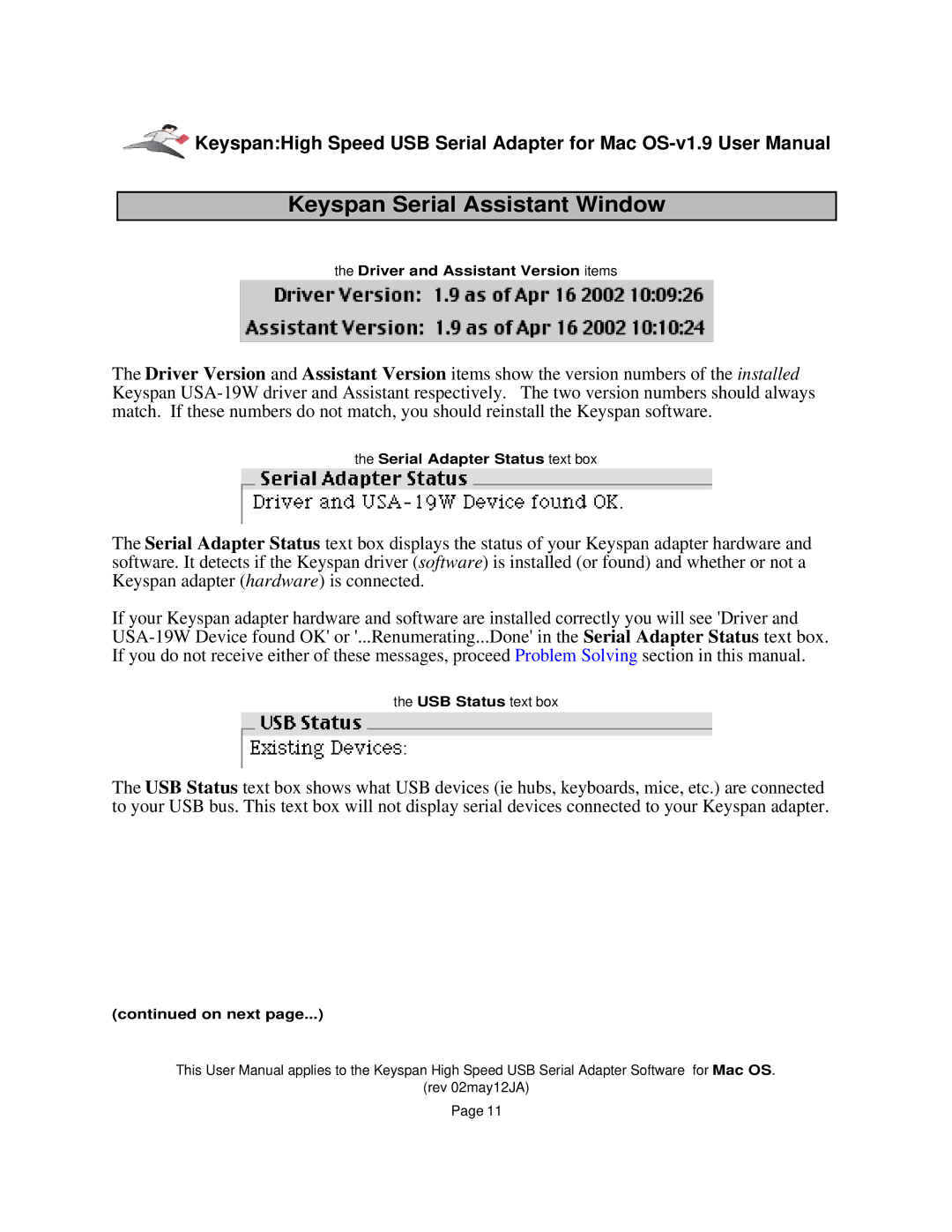 Keyspan 1.9 installation instructions Keyspan Serial Assistant Window 