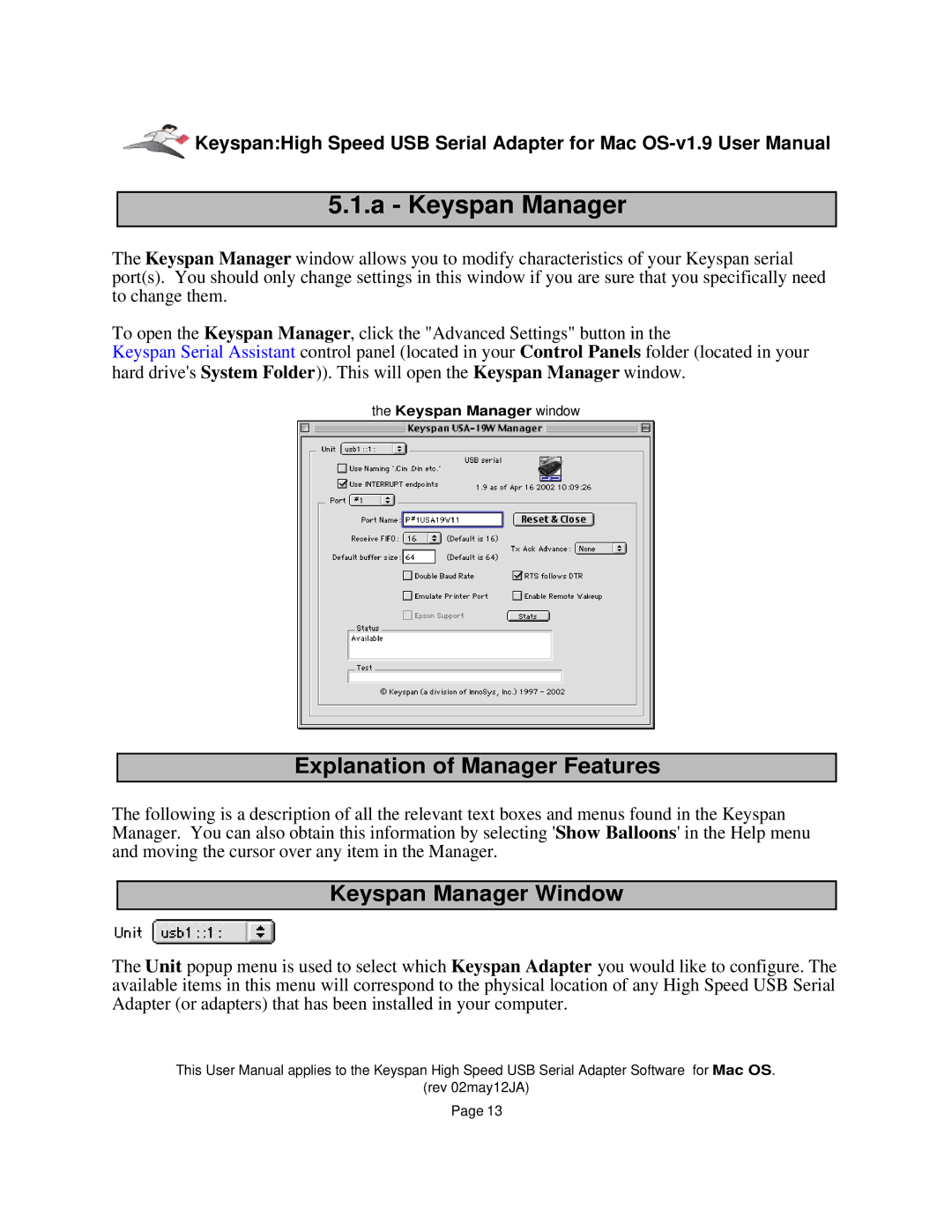 Keyspan 1.9 installation instructions Explanation of Manager Features, Keyspan Manager Window 