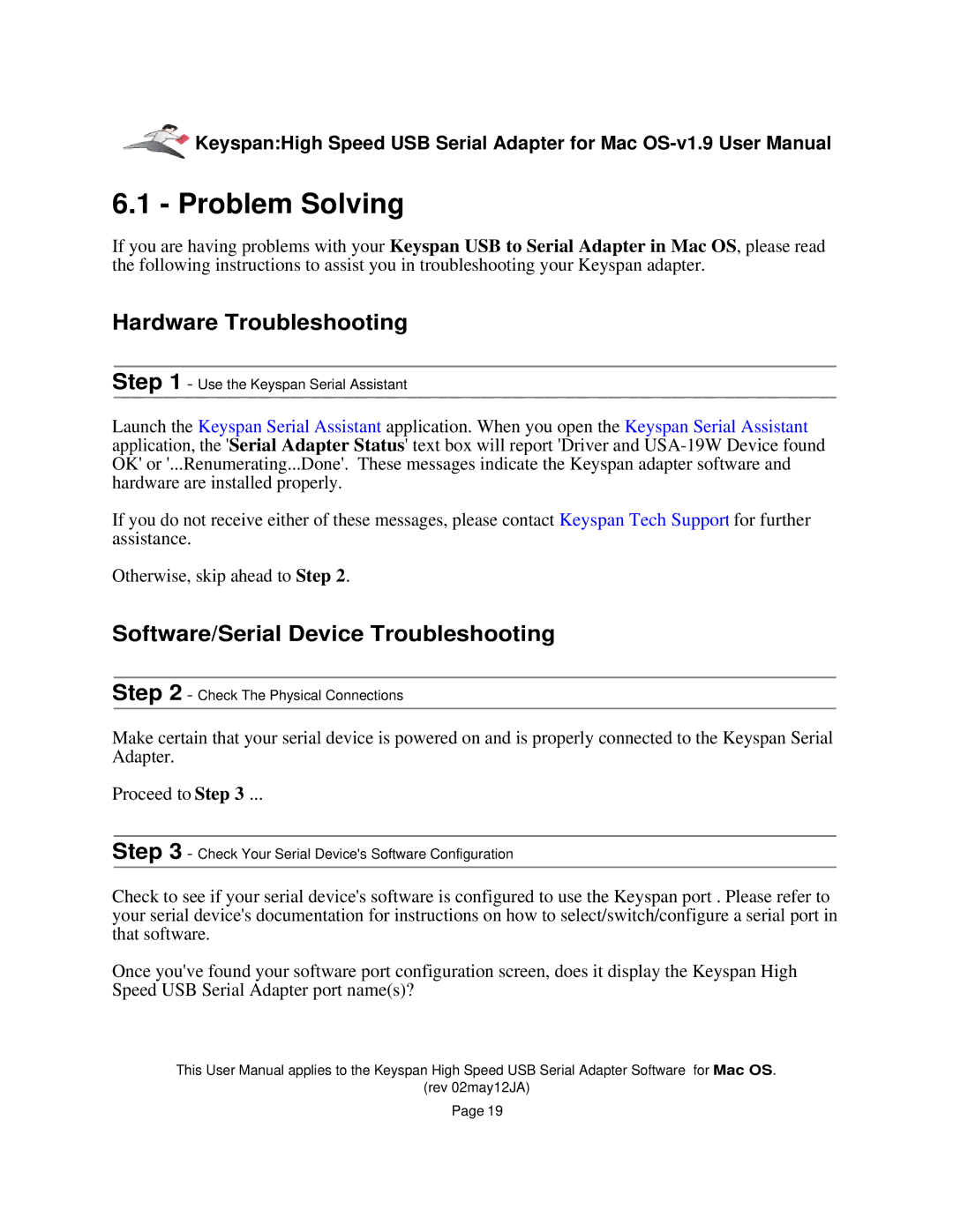 Keyspan 1.9 installation instructions Problem Solving, Hardware Troubleshooting, Software/Serial Device Troubleshooting 