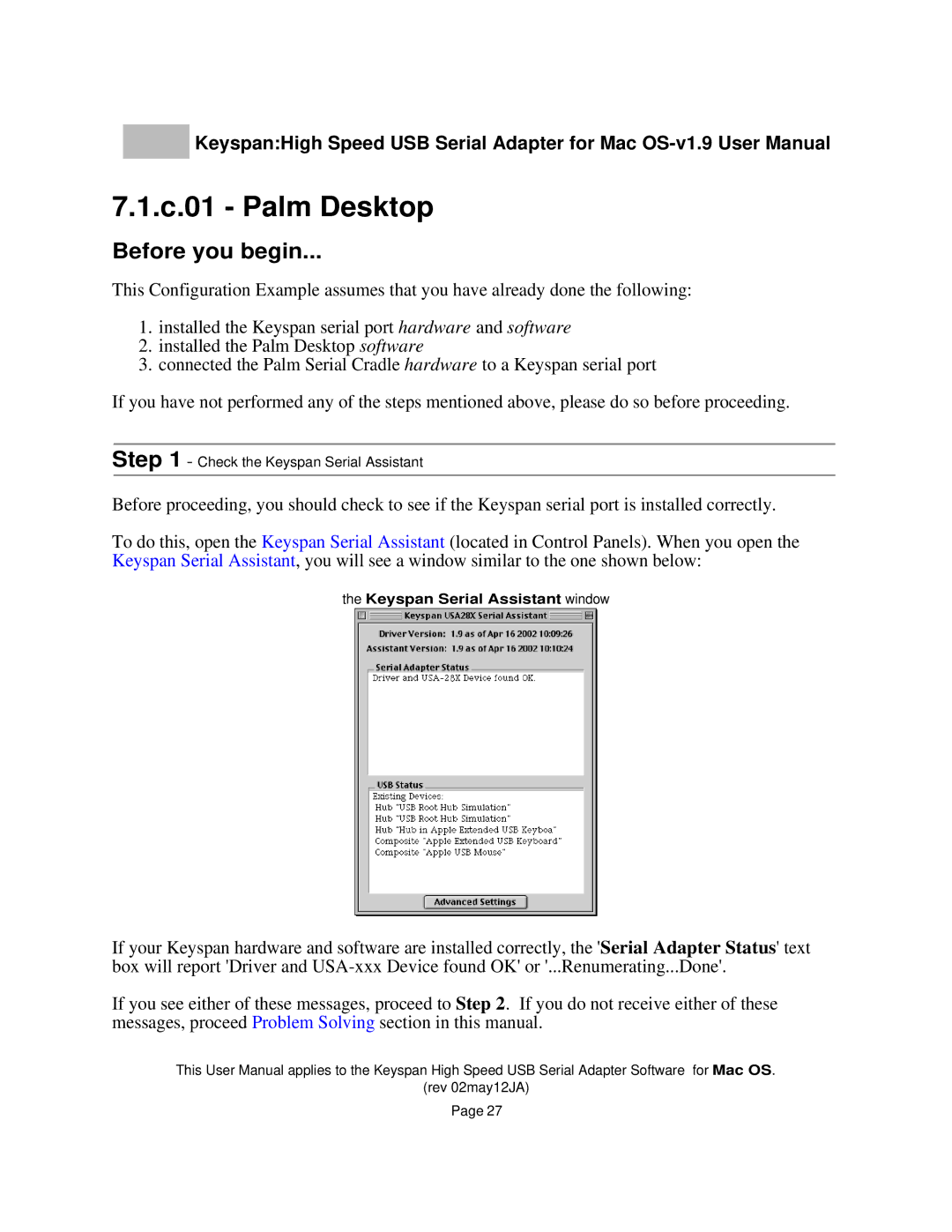 Keyspan 1.9 installation instructions C.01 Palm Desktop, Before you begin 