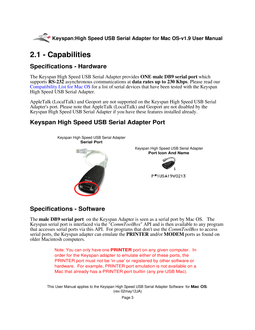 Keyspan 1.9 Capabilities, Specifications Hardware, Keyspan High Speed USB Serial Adapter Port, Specifications Software 