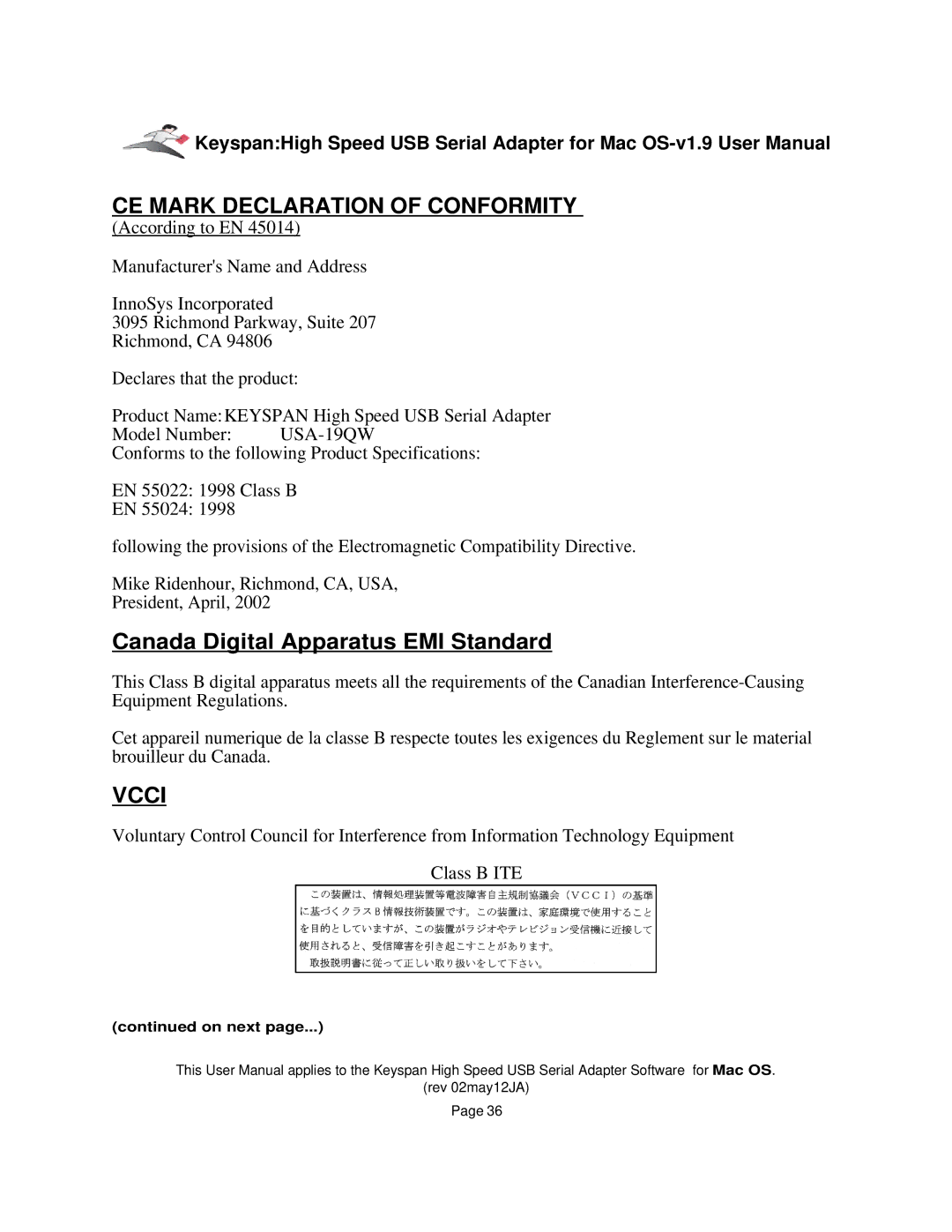 Keyspan 1.9 installation instructions CE Mark Declaration of Conformity, Canada Digital Apparatus EMI Standard 