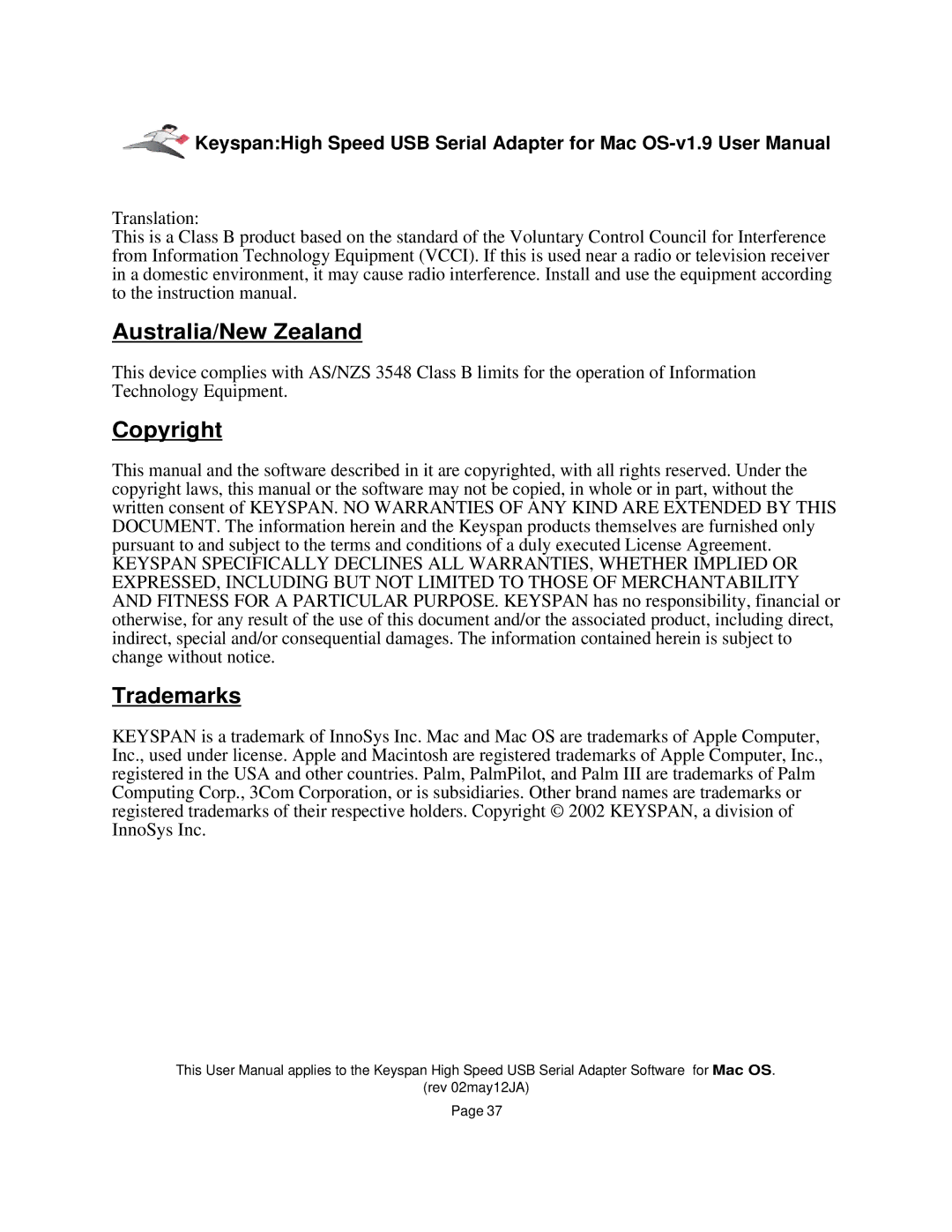 Keyspan 1.9 installation instructions Australia/New Zealand, Copyright, Trademarks 