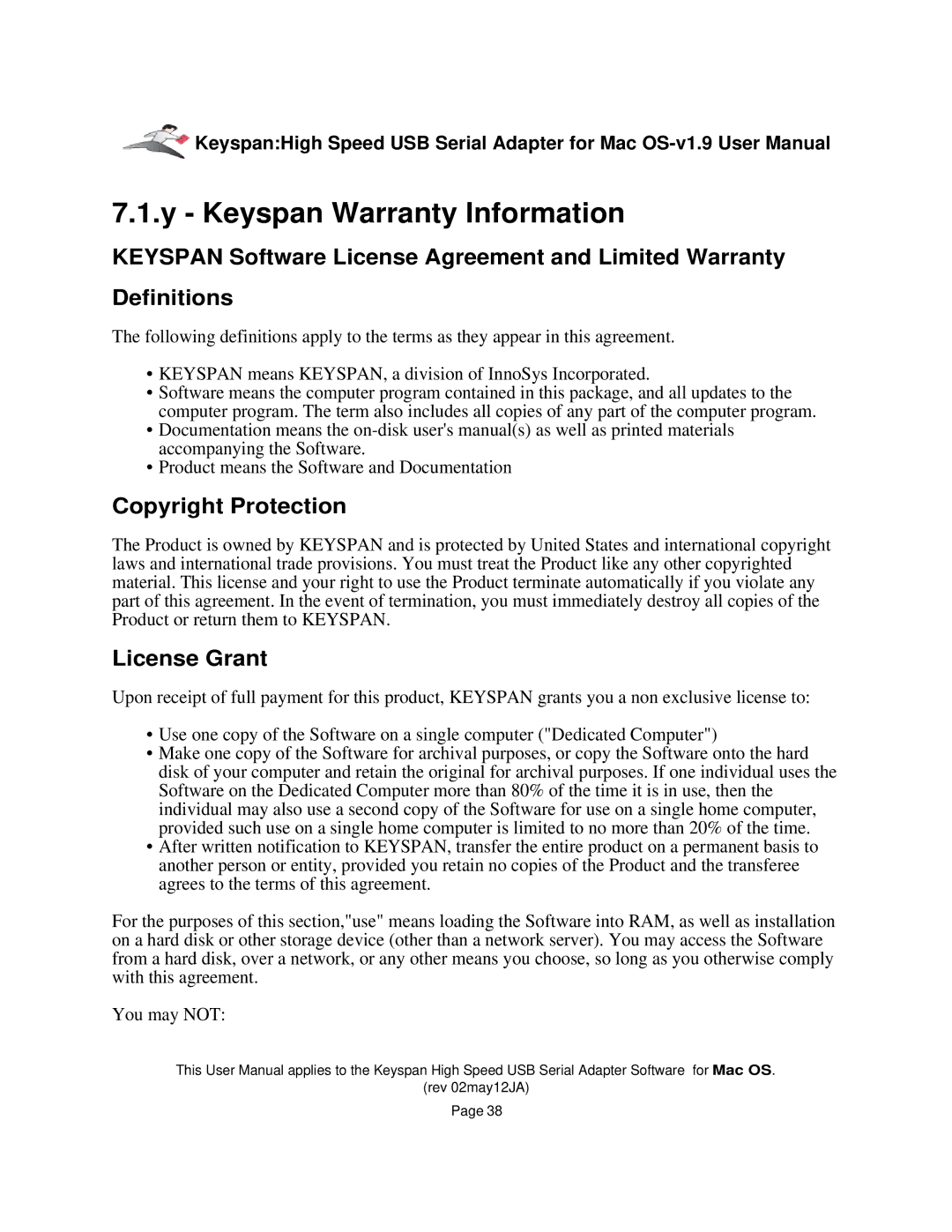 Keyspan 1.9 installation instructions Keyspan Warranty Information, Copyright Protection, License Grant 