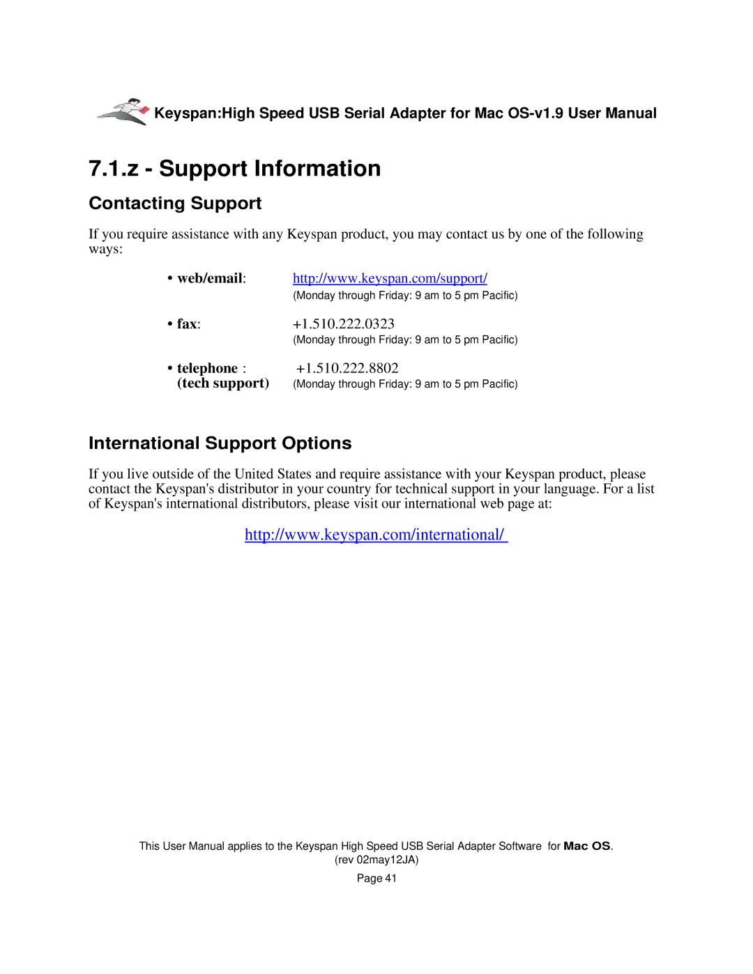 Keyspan 1.9 installation instructions Support Information, Contacting Support, International Support Options 