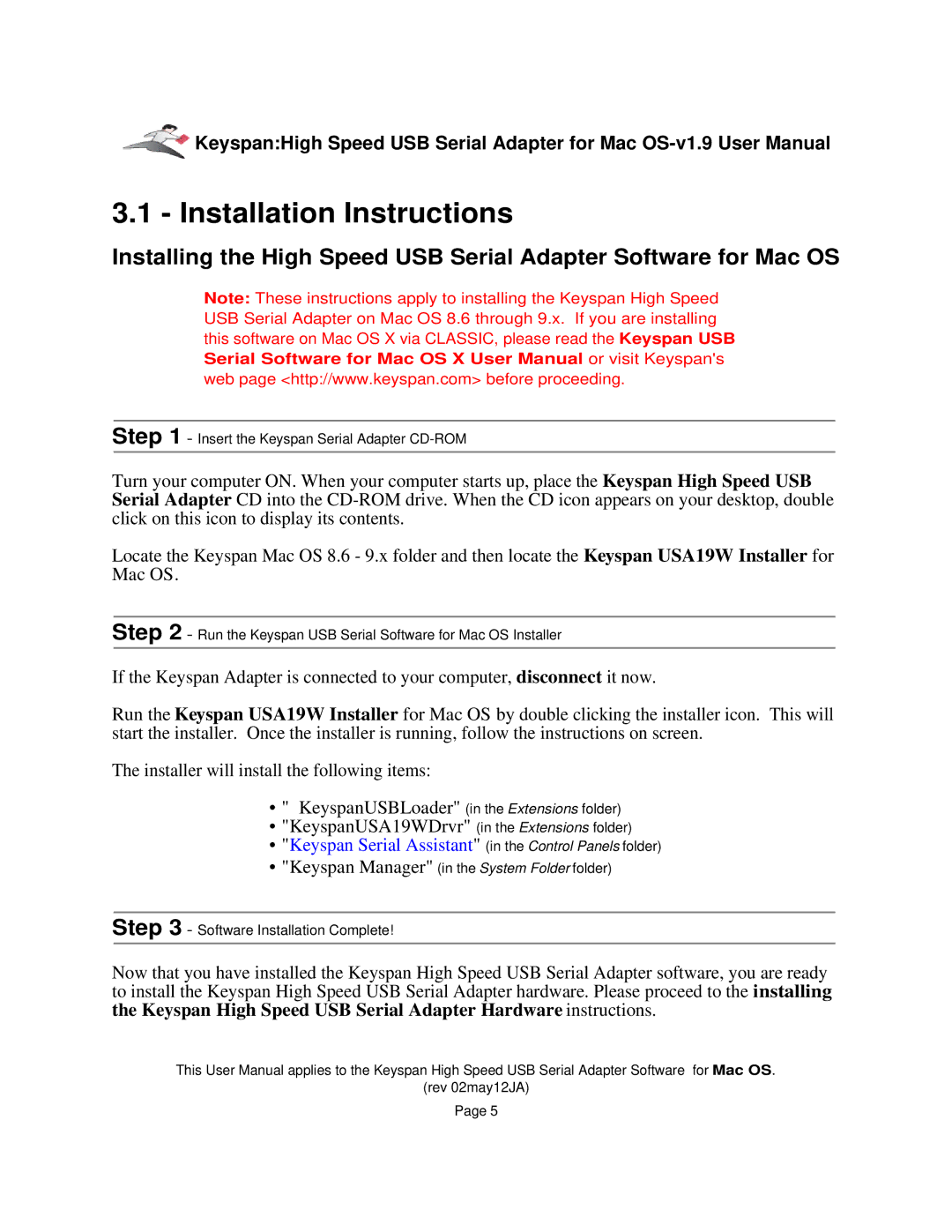 Keyspan 1.9 installation instructions Installation Instructions, Keyspan Serial Assistant in the Control Panels folder 