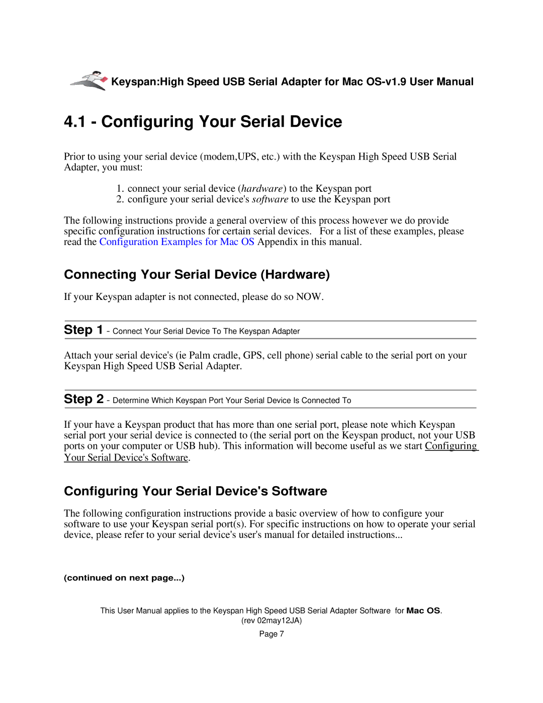 Keyspan 1.9 installation instructions Configuring Your Serial Device, Connecting Your Serial Device Hardware 