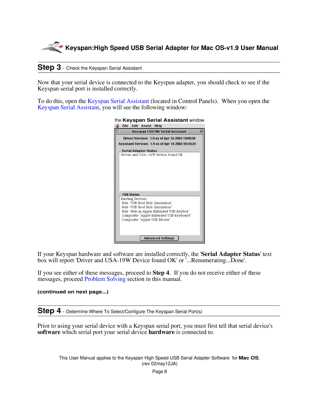 Keyspan 1.9 installation instructions Keyspan Serial Assistant window 