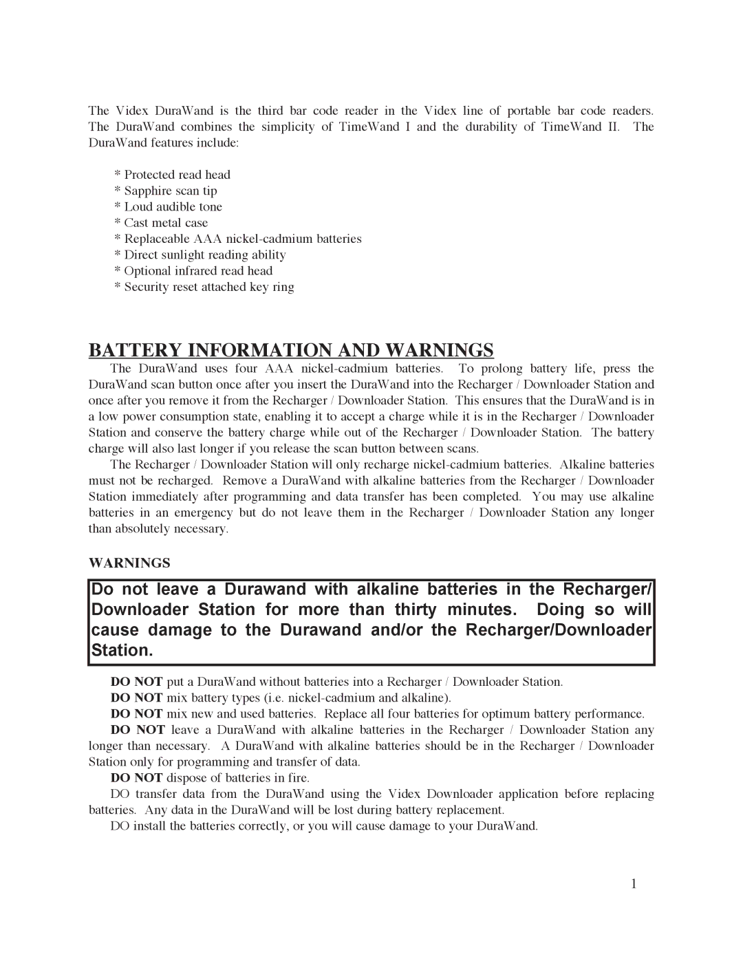 Keyspan DuraWand Portable Scanner manual Battery Information and Warnings 