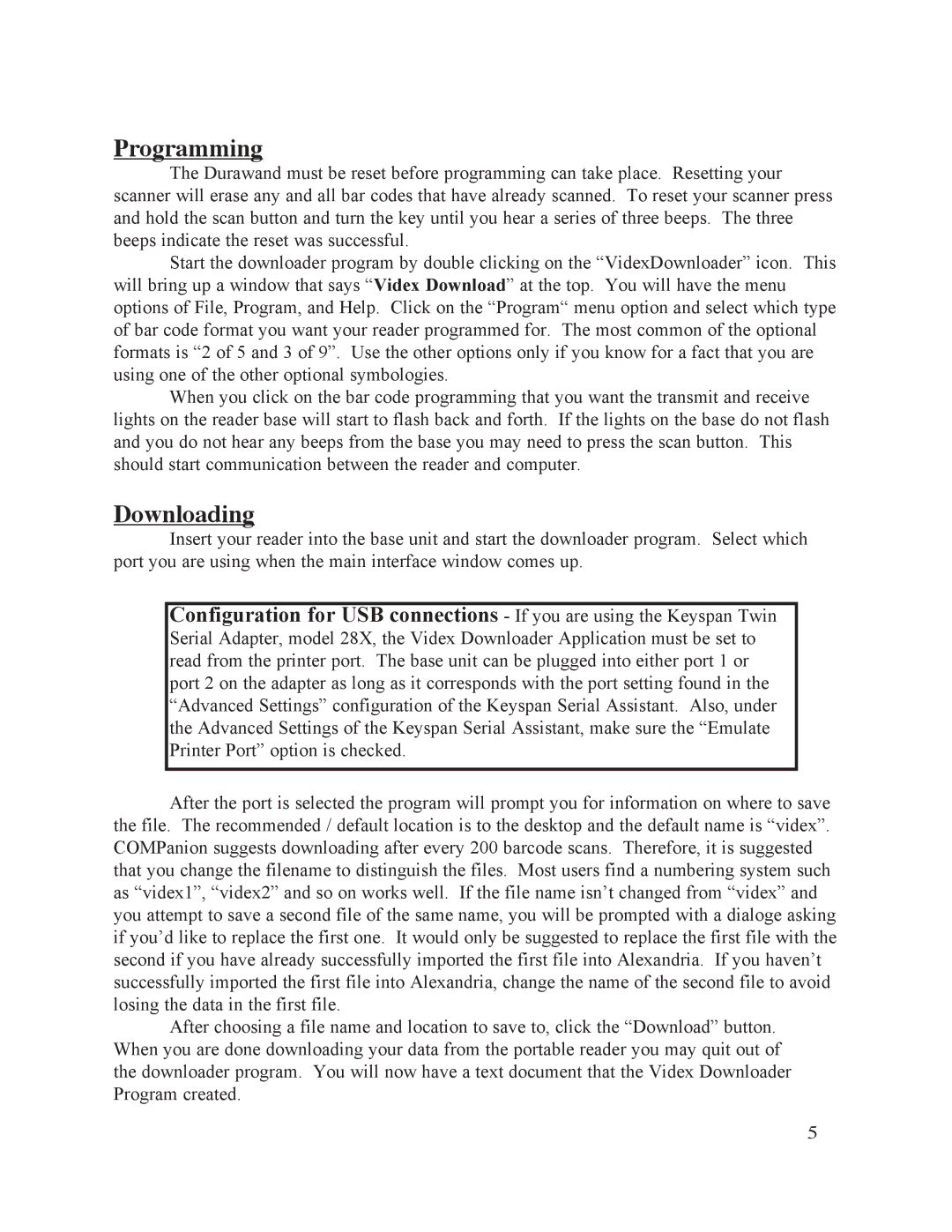 Keyspan DuraWand Portable Scanner manual Programming, Downloading 