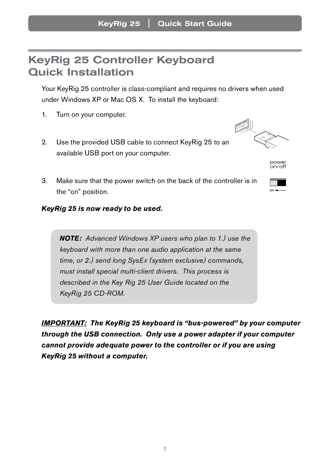 Keyspan Keyrig25 quick start KeyRig 25 Controller Keyboard Quick Installation 