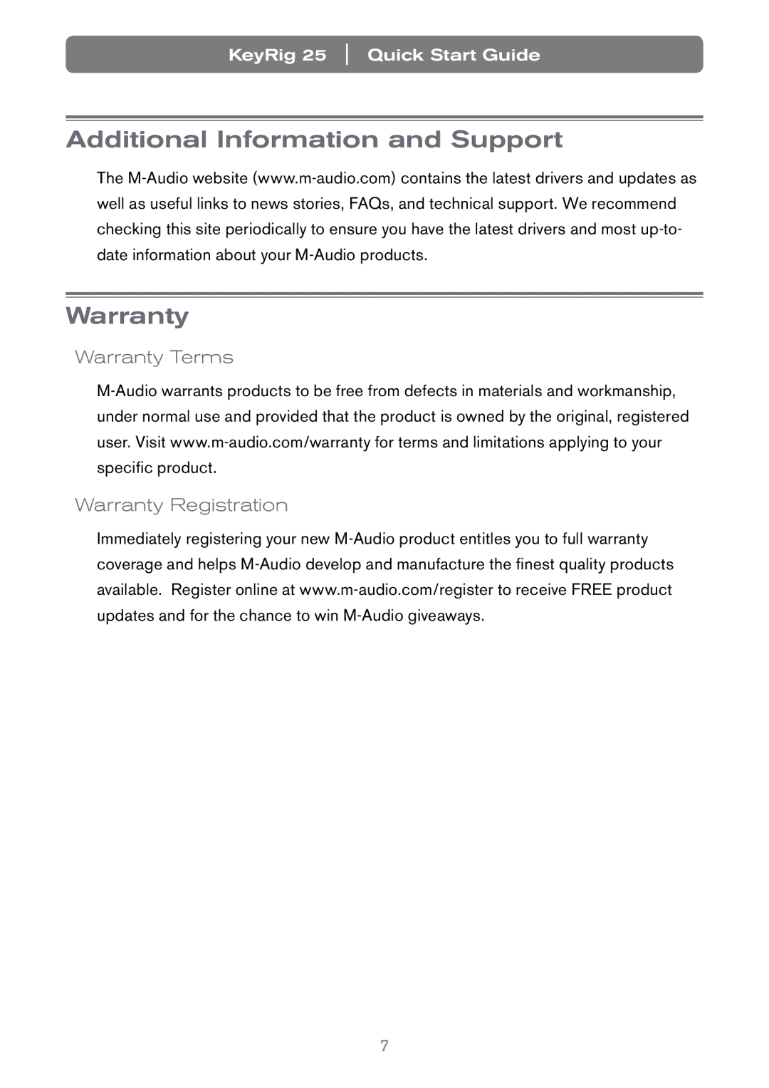 Keyspan Keyrig25 quick start Additional Information and Support Warranty, Warranty Terms Warranty Registration 