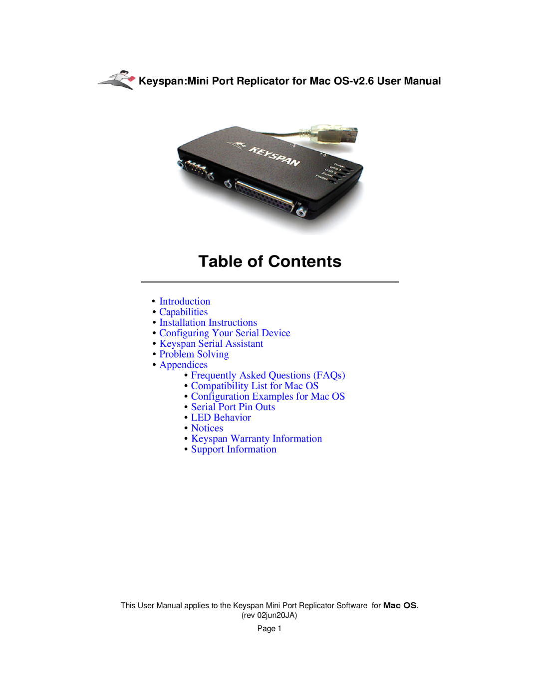 Keyspan Laptop Docking Station installation instructions Table of Contents 