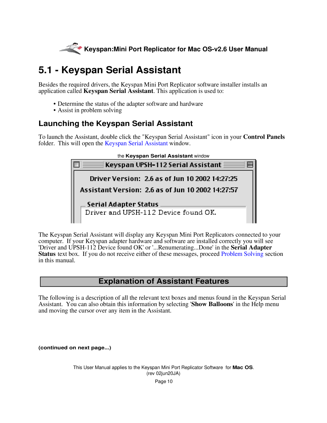 Keyspan Laptop Docking Station Launching the Keyspan Serial Assistant, Explanation of Assistant Features 