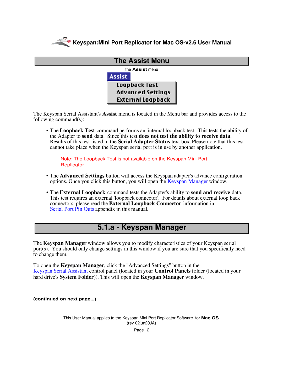 Keyspan Laptop Docking Station installation instructions Keyspan Manager, Assist Menu 