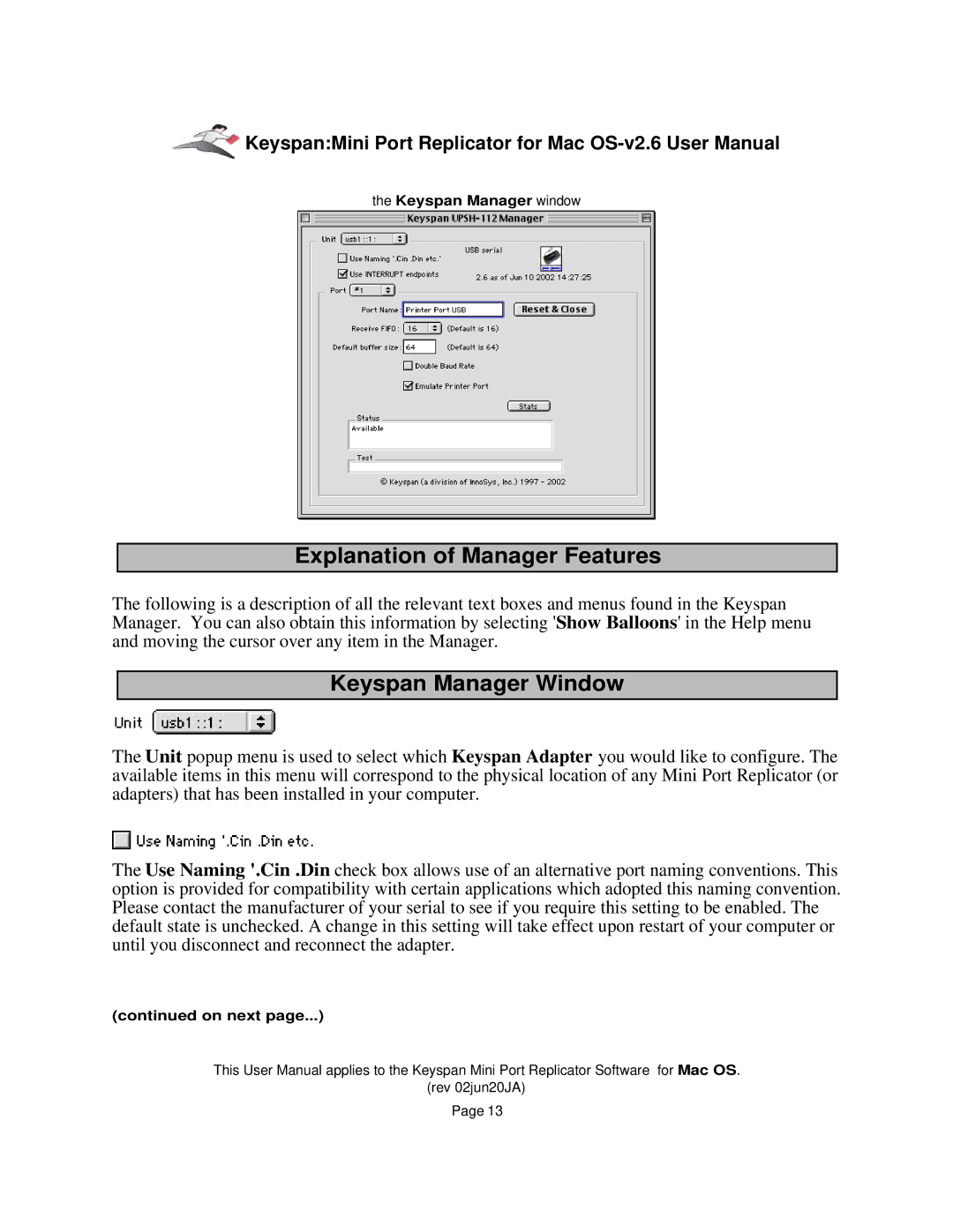 Keyspan Laptop Docking Station installation instructions Explanation of Manager Features, Keyspan Manager Window 