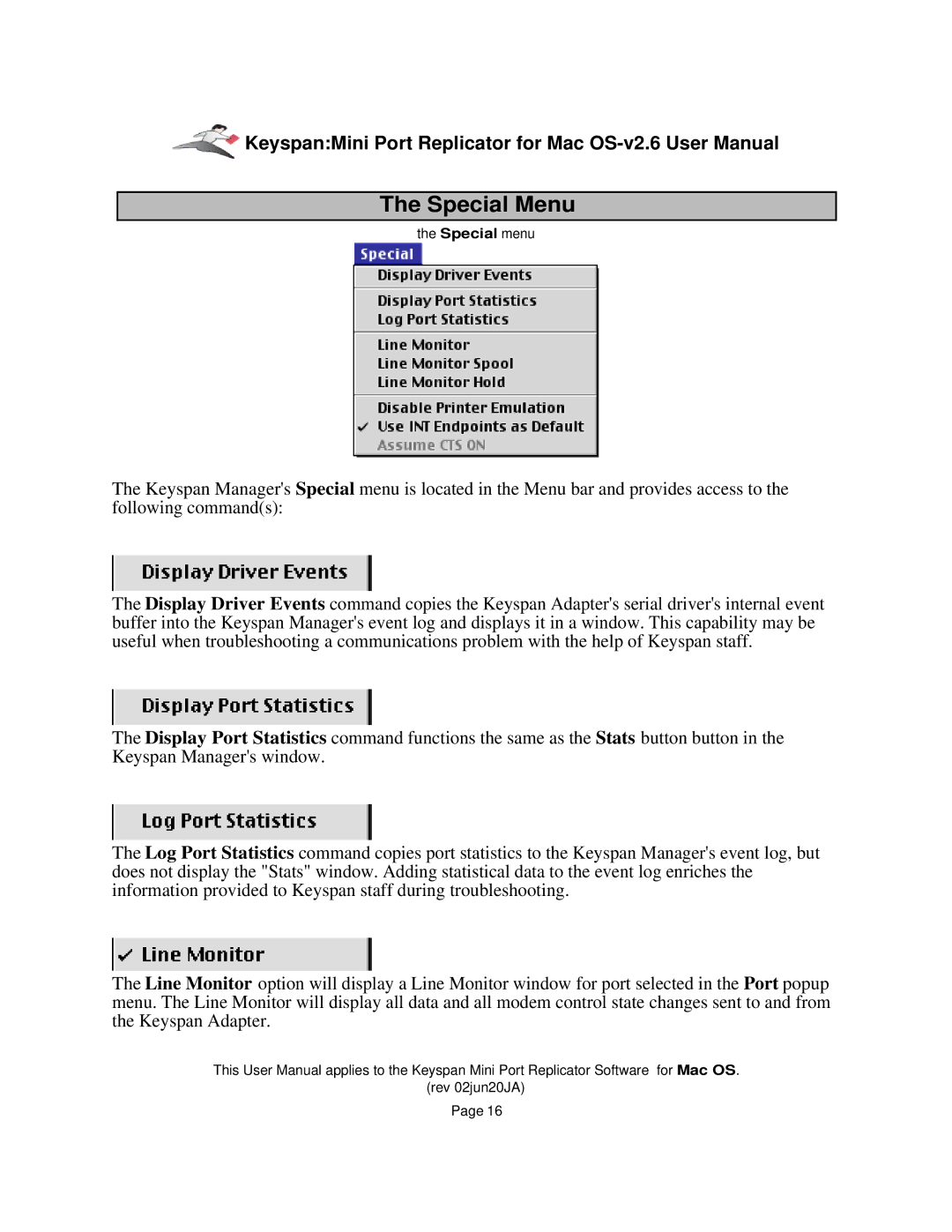 Keyspan Laptop Docking Station installation instructions Special Menu 