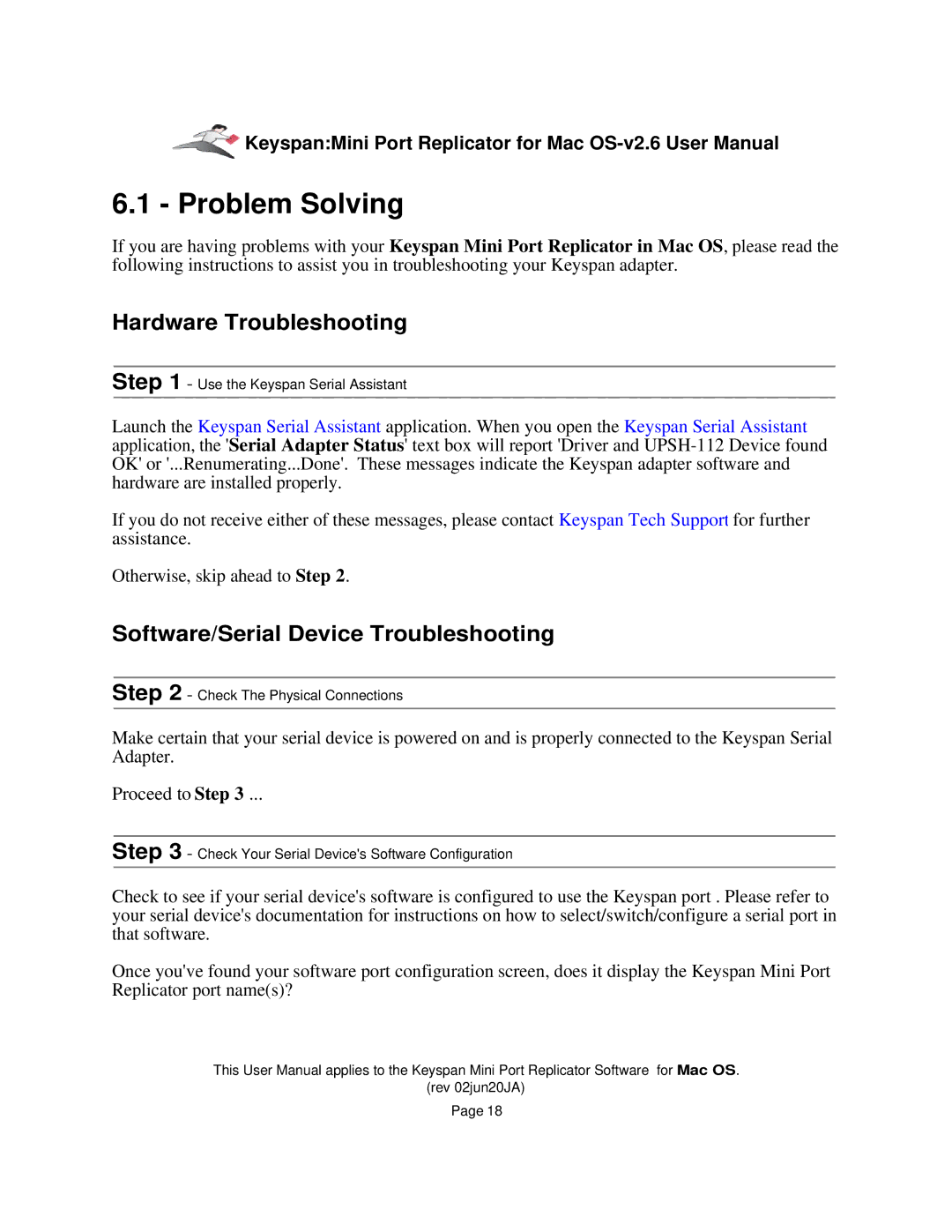 Keyspan Laptop Docking Station Problem Solving, Hardware Troubleshooting, Software/Serial Device Troubleshooting 