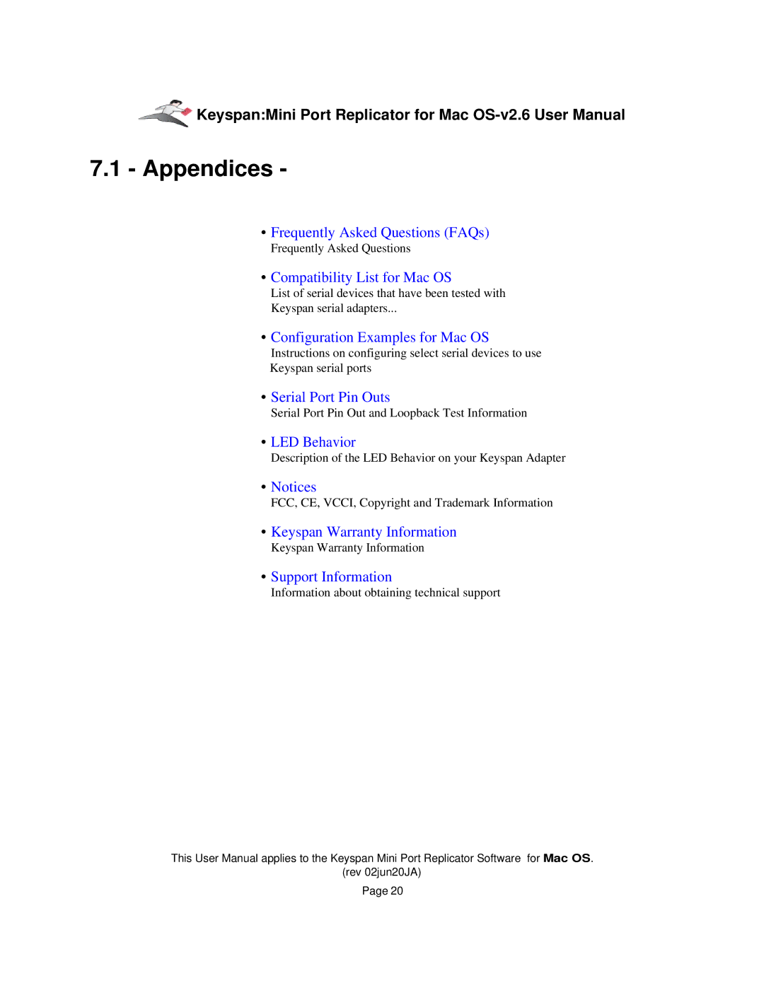 Keyspan Laptop Docking Station installation instructions Appendices 