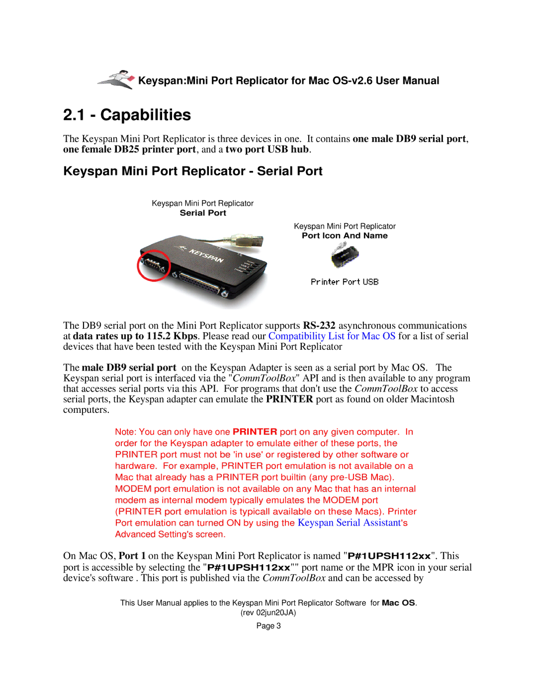 Keyspan Laptop Docking Station installation instructions Capabilities, Keyspan Mini Port Replicator Serial Port 