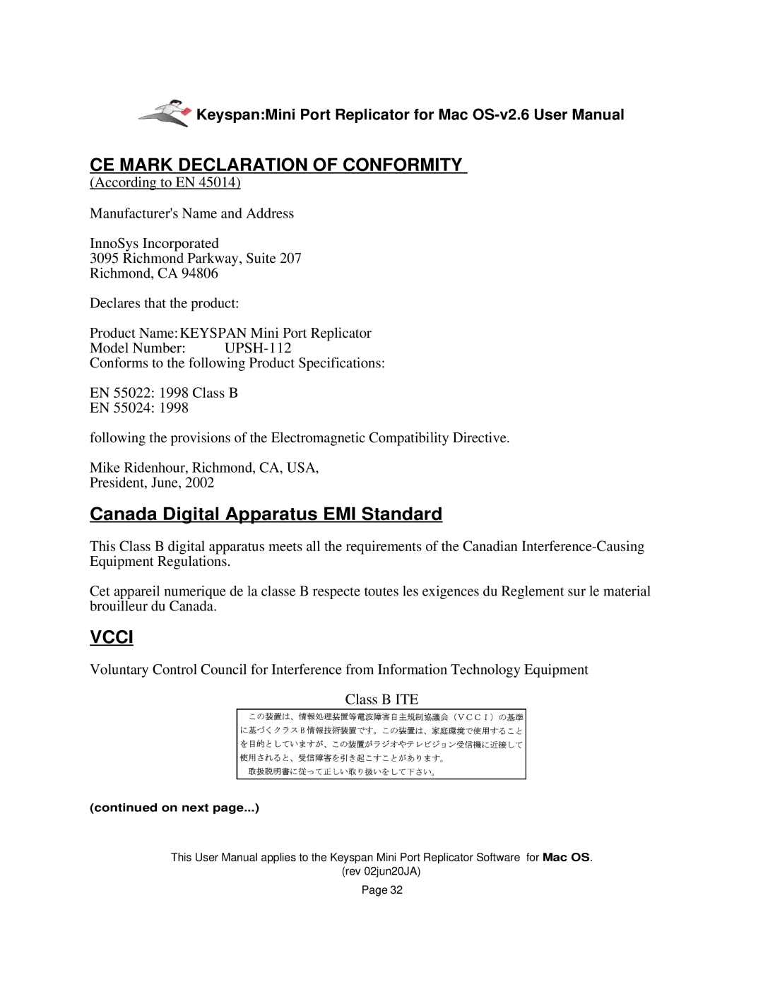 Keyspan Laptop Docking Station CE Mark Declaration of Conformity, Canada Digital Apparatus EMI Standard 