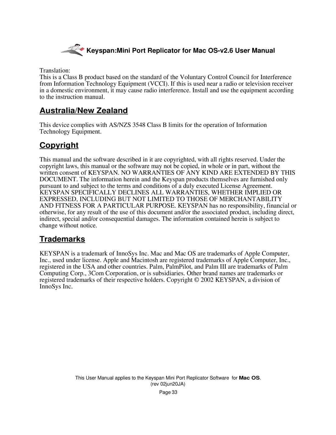 Keyspan Laptop Docking Station installation instructions Australia/New Zealand, Copyright, Trademarks 