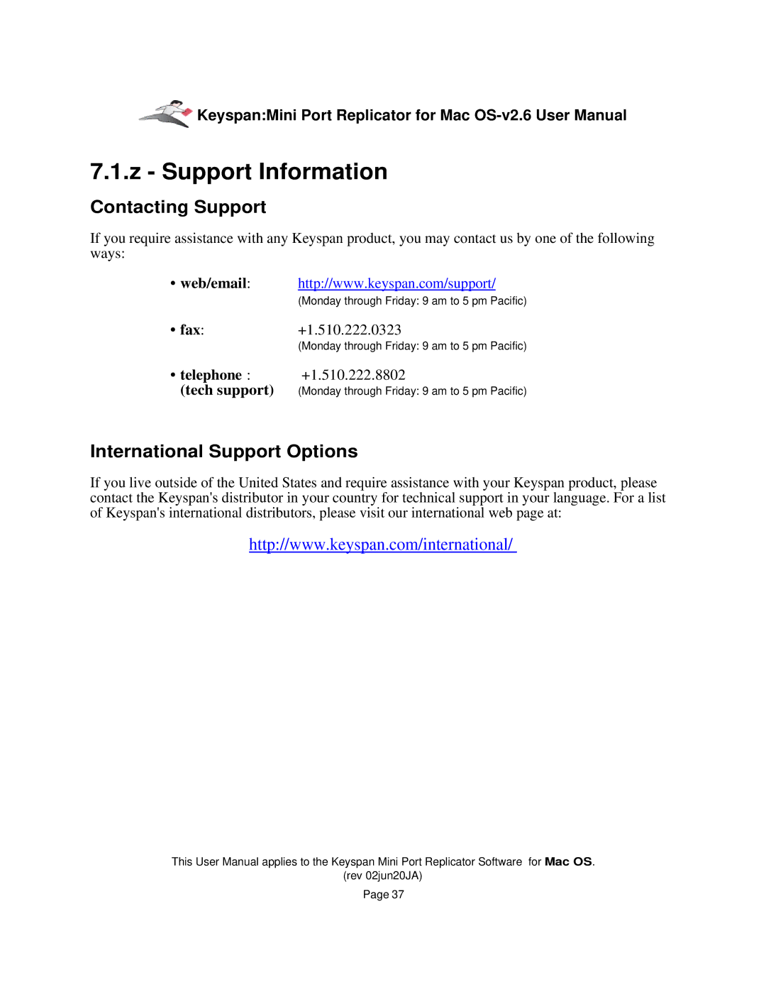 Keyspan Laptop Docking Station Support Information, Contacting Support, International Support Options 