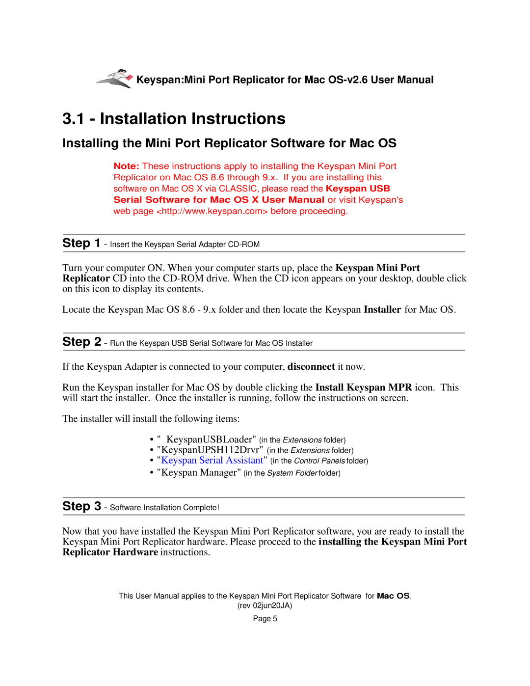 Keyspan Laptop Docking Station Installation Instructions, Installing the Mini Port Replicator Software for Mac OS 