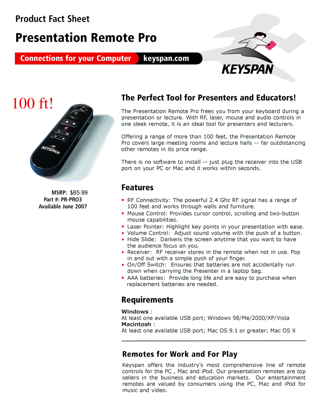 Keyspan PR-PRO3 manual 100 ft, Perfect Tool for Presenters and Educators, Features, Requirements 