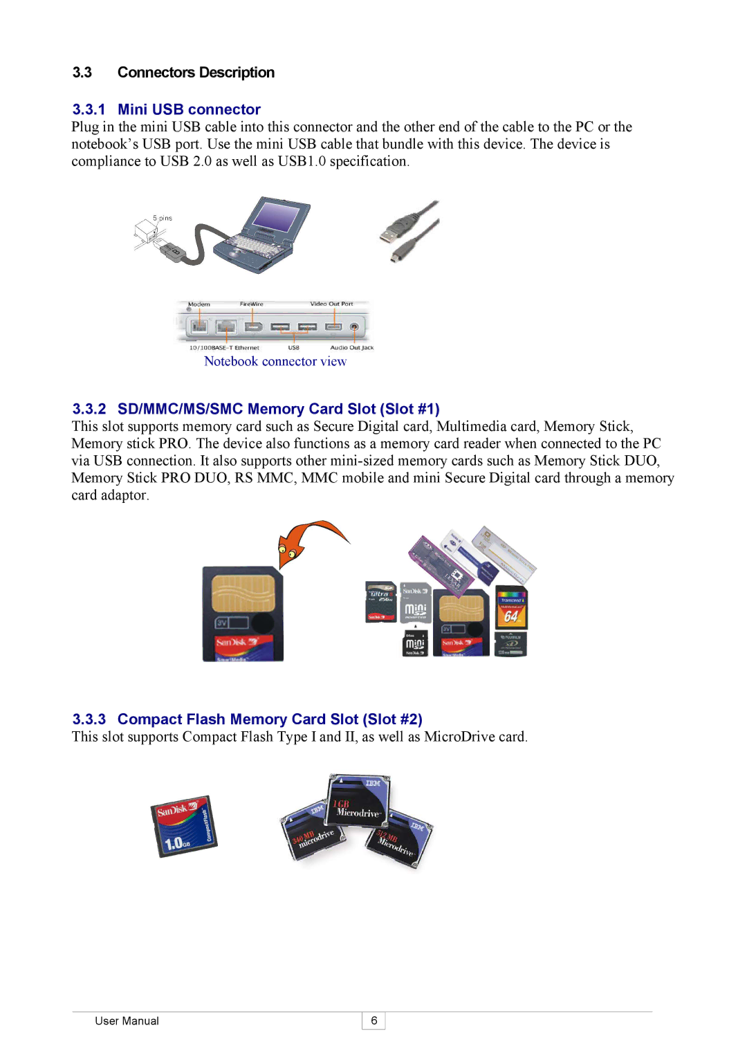 Keyspan SX-18D Mini USB connector, 2 SD/MMC/MS/SMC Memory Card Slot Slot #1, Compact Flash Memory Card Slot Slot #2 