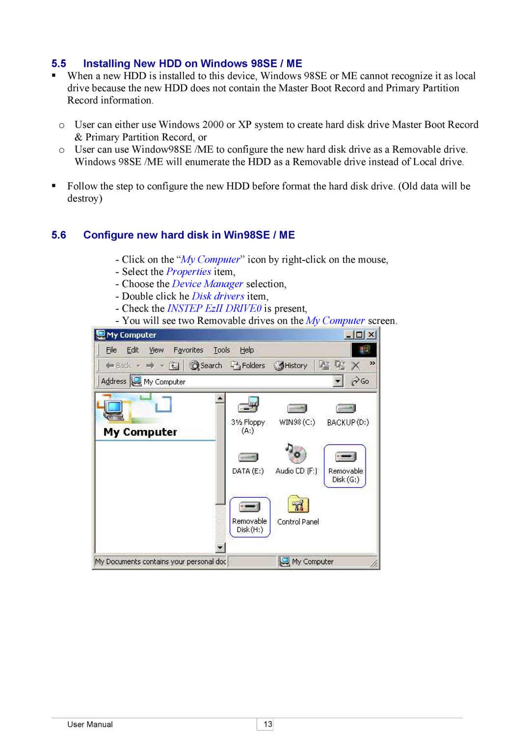 Keyspan SX-18D user manual Installing New HDD on Windows 98SE / ME, Configure new hard disk in Win98SE / ME 