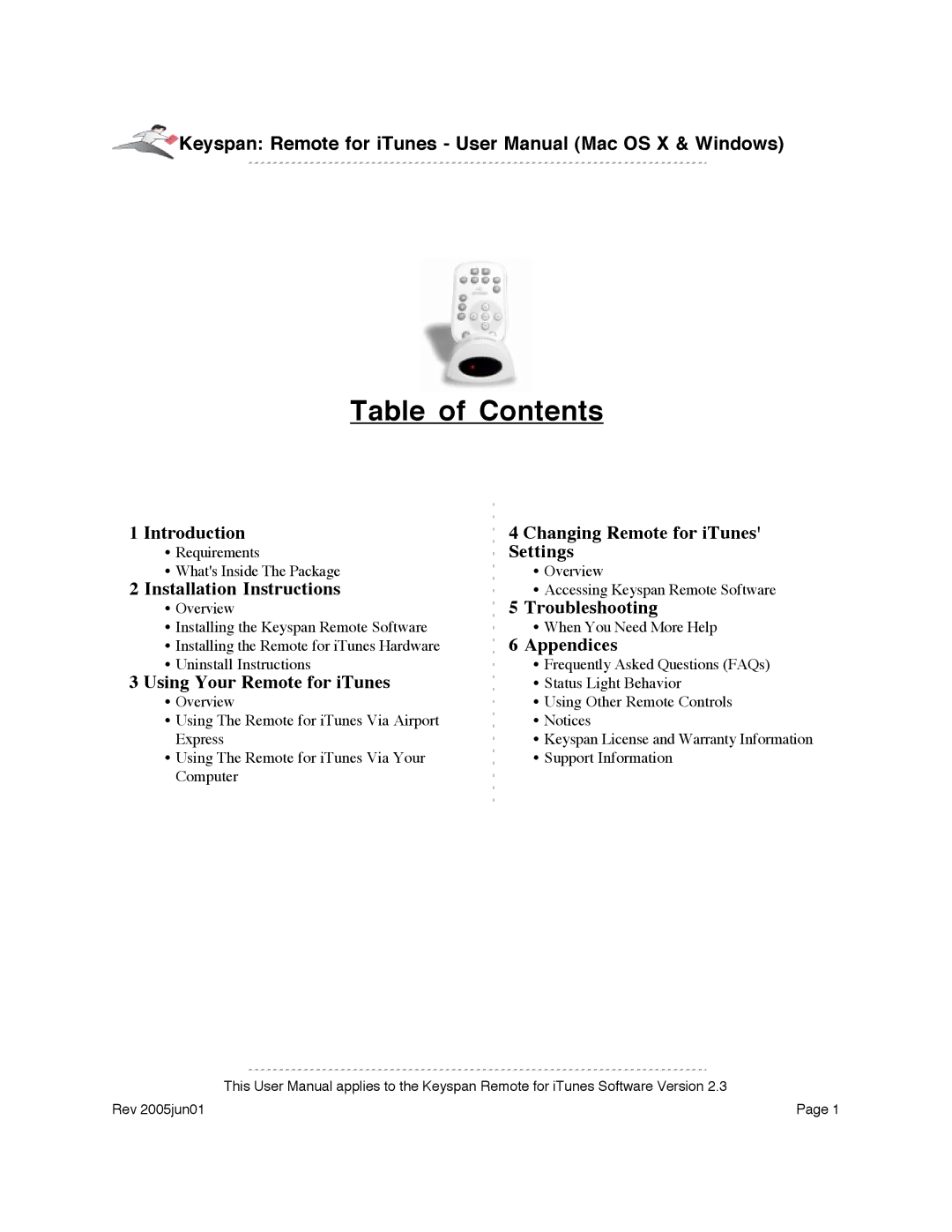 Keyspan URM-17A warranty Table of Contents 