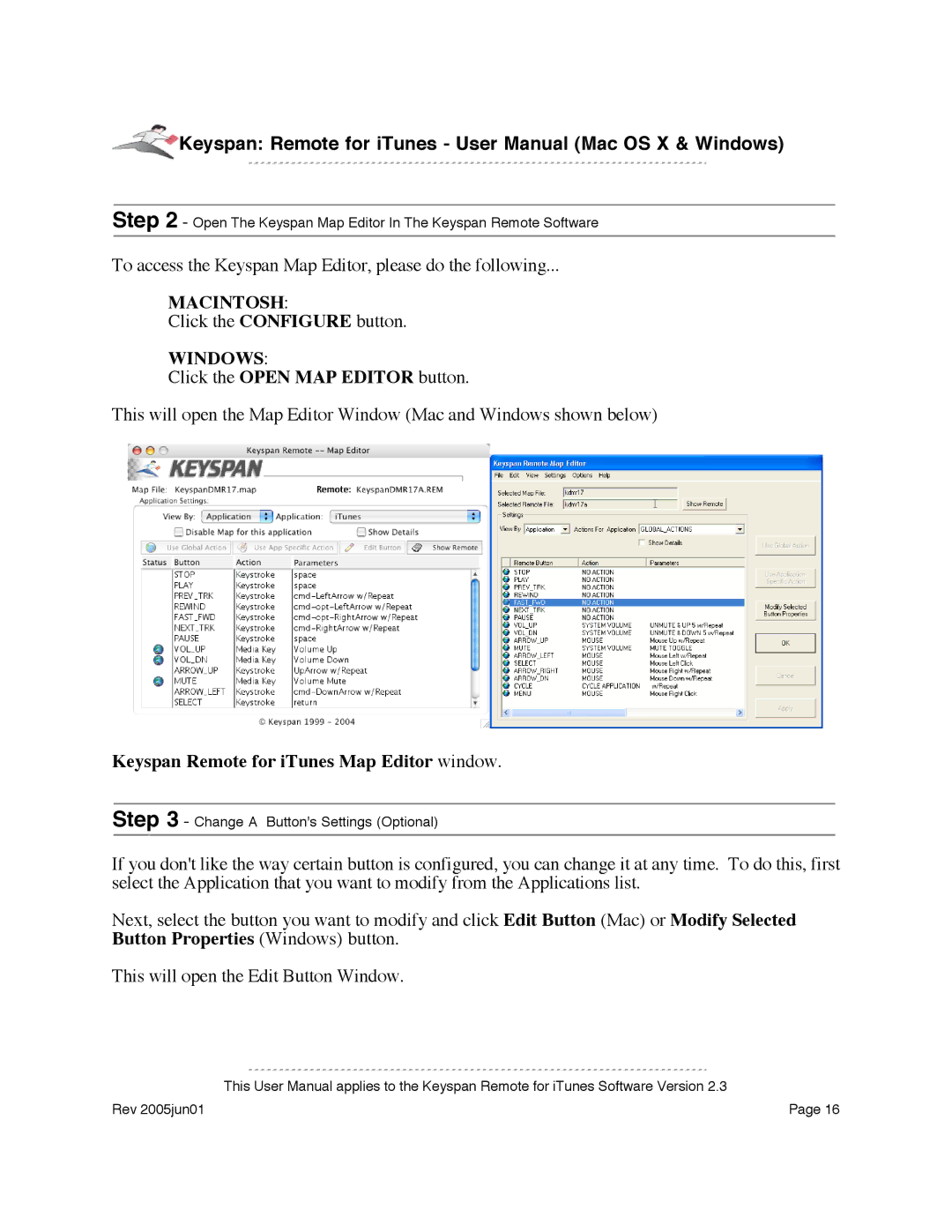 Keyspan URM-17A warranty Windows, Keyspan Remote for iTunes Map Editor window 