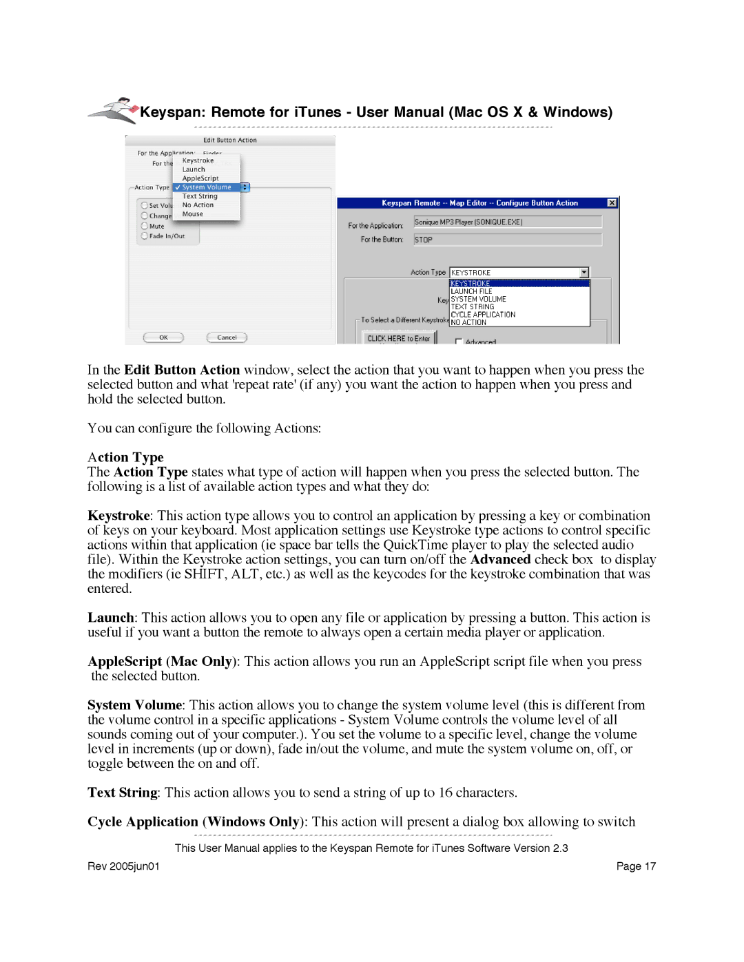 Keyspan URM-17A warranty Action Type 