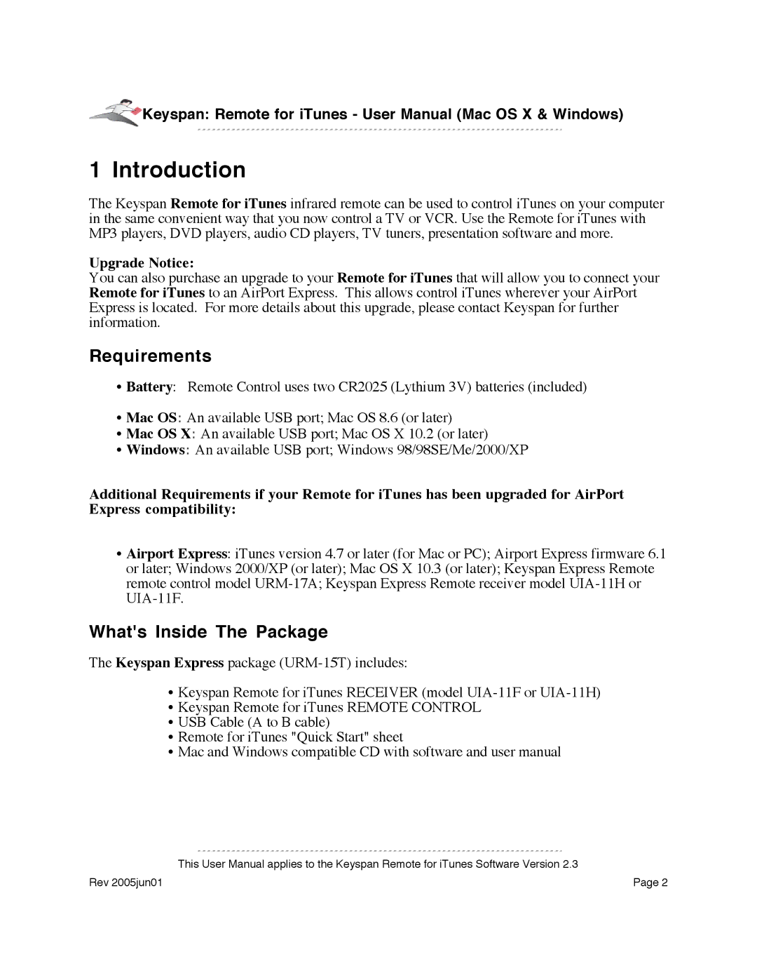 Keyspan URM-17A warranty Introduction, Requirements, Whats Inside The Package, Upgrade Notice 