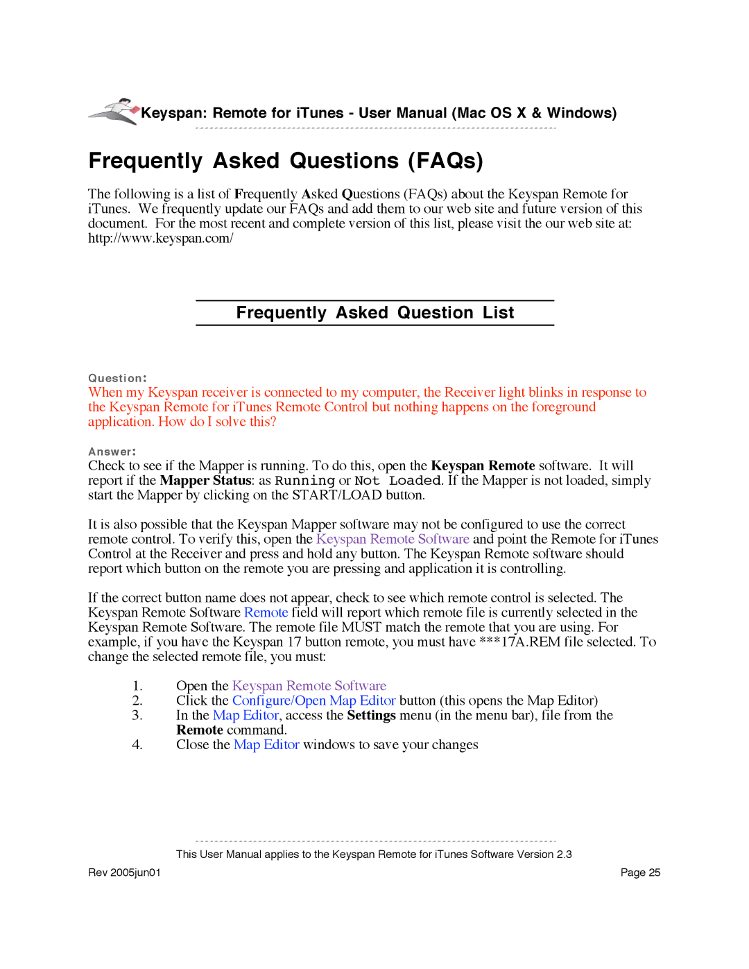 Keyspan URM-17A warranty Frequently Asked Questions FAQs, Frequently Asked Question List 